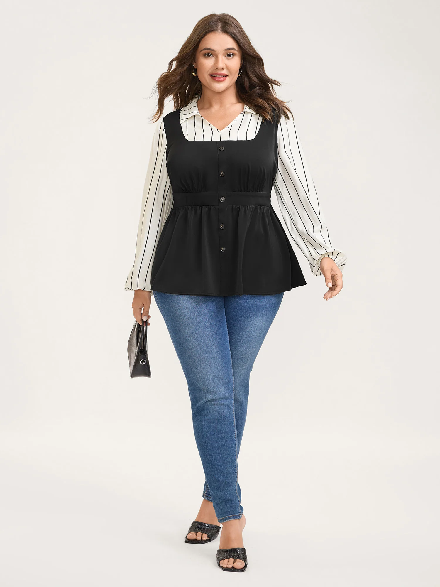 2-in-1 Button Vest Striped Blouse - Image 3