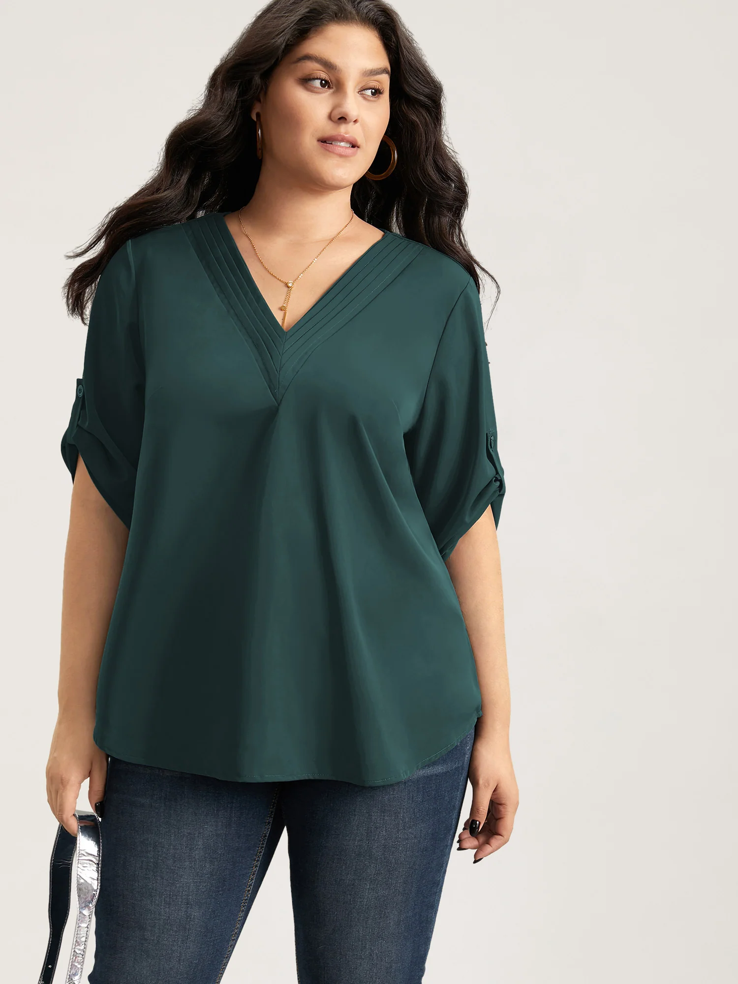 V Neck Plain Pleated Tab Sleeve Blouse - Image 3