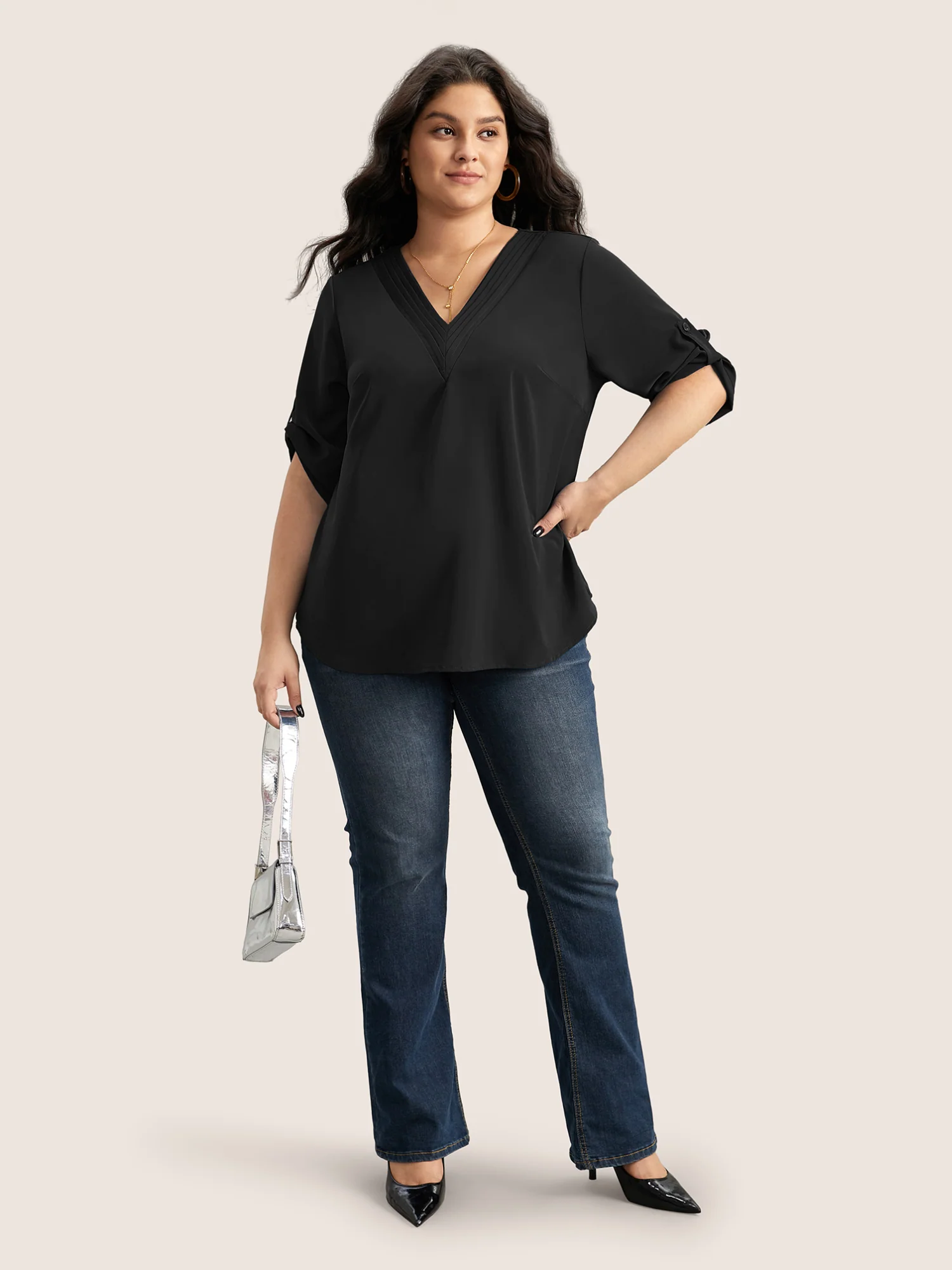 V Neck Plain Pleated Tab Sleeve Blouse - Image 7