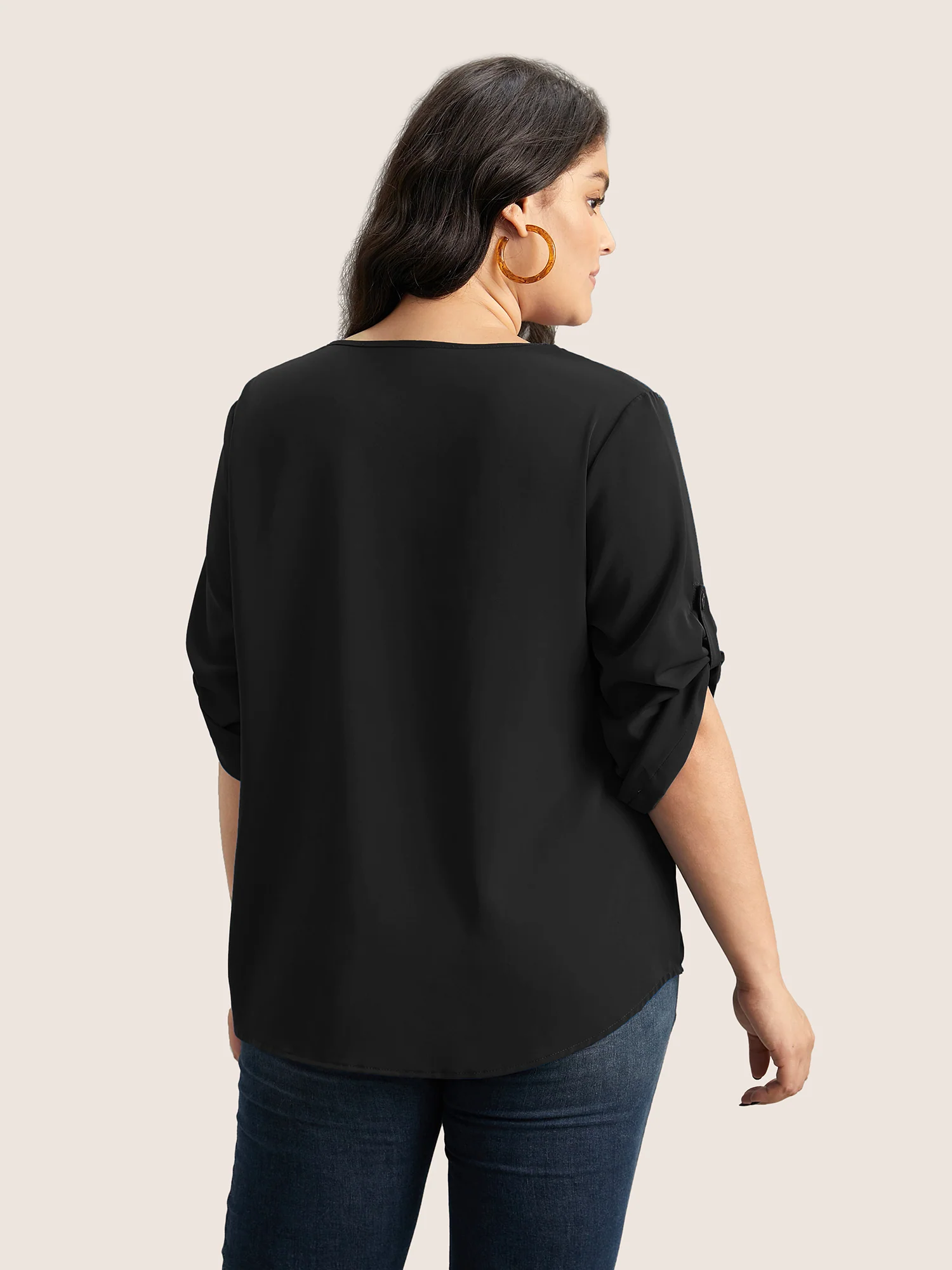 V Neck Plain Pleated Tab Sleeve Blouse - Image 8