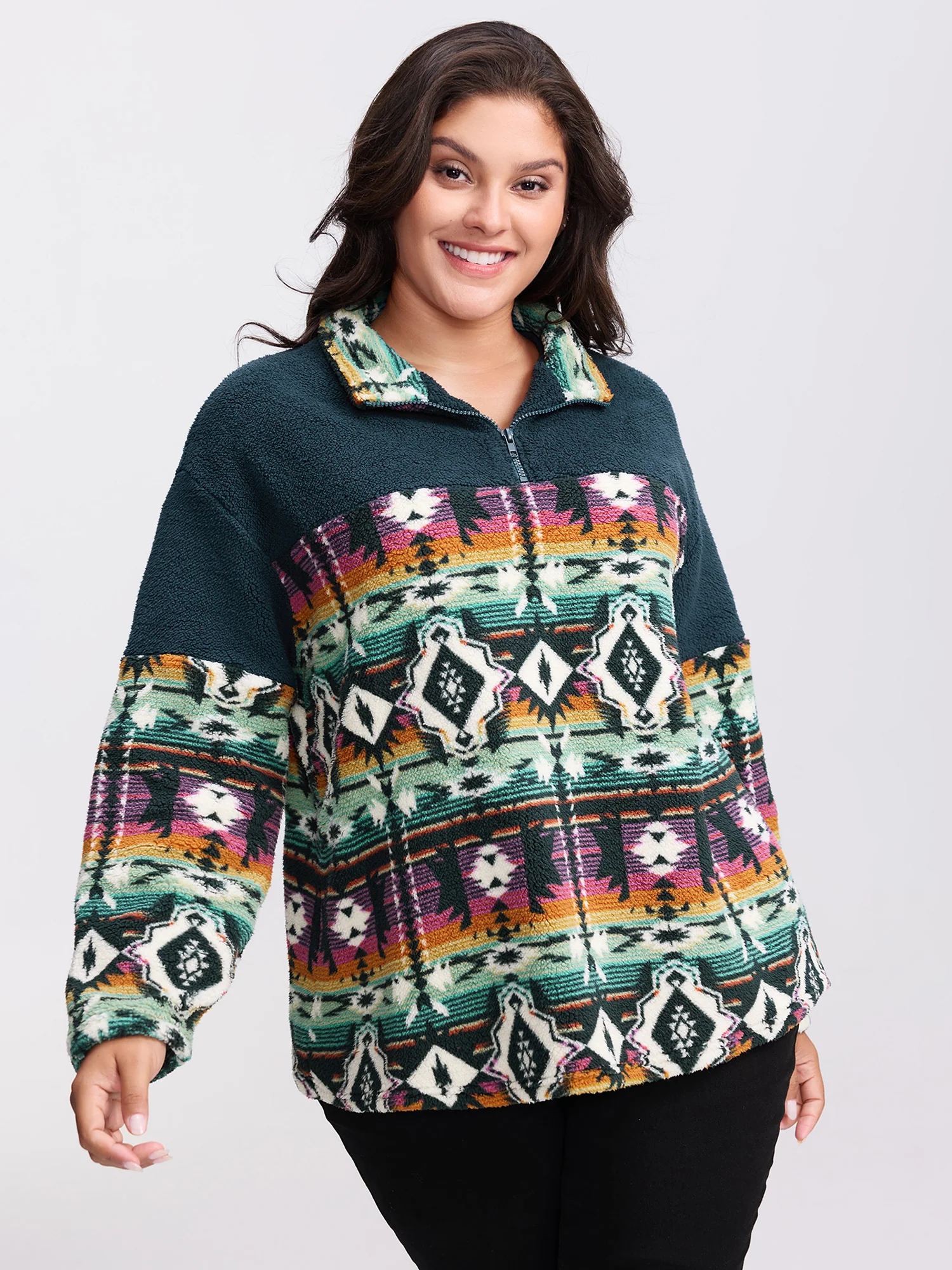 Boho Print Zipper Front Sweatshirt - Image 4