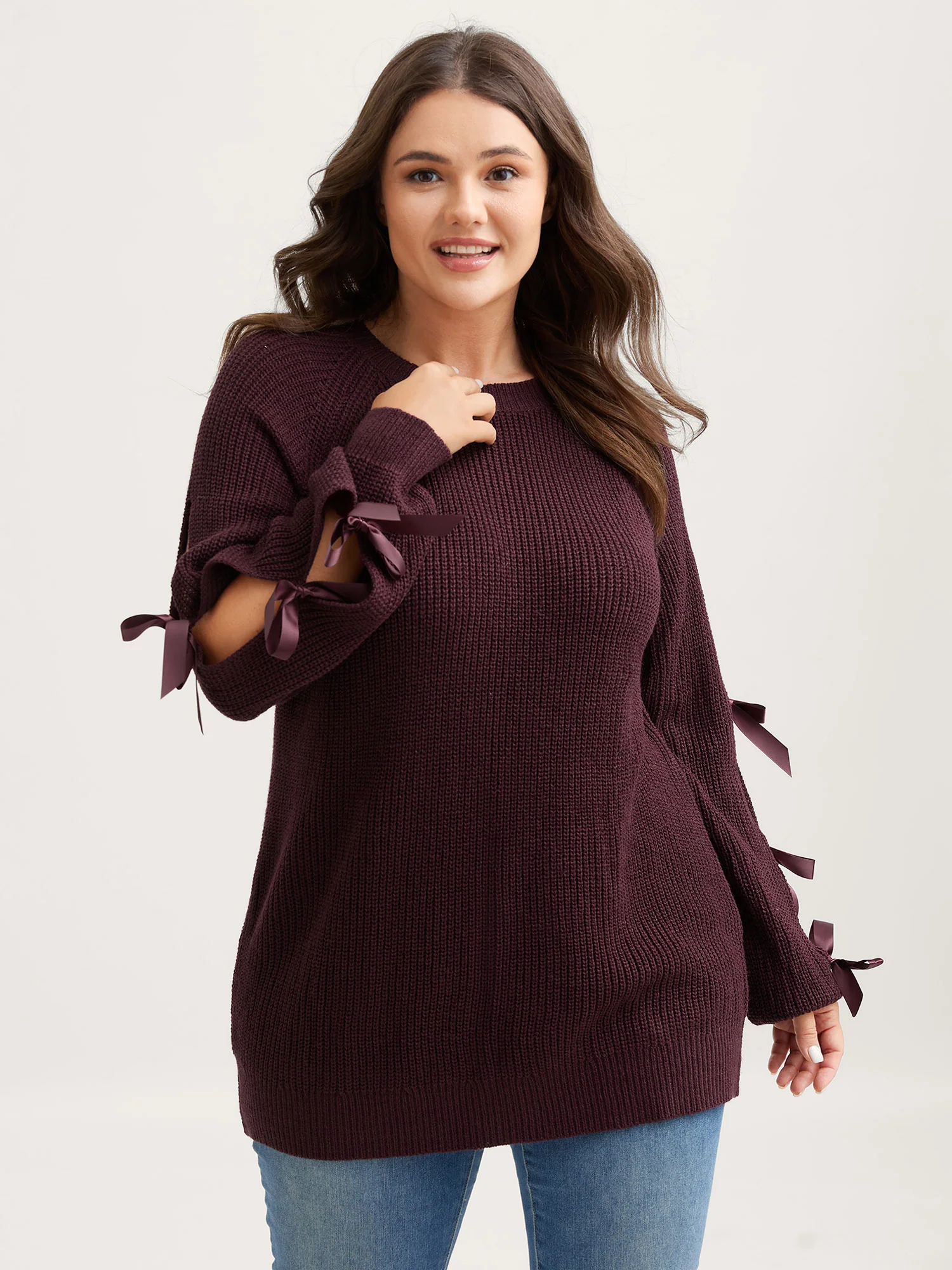 Bowknot Cut-Out Sleeve Solid Pullover - Image 3