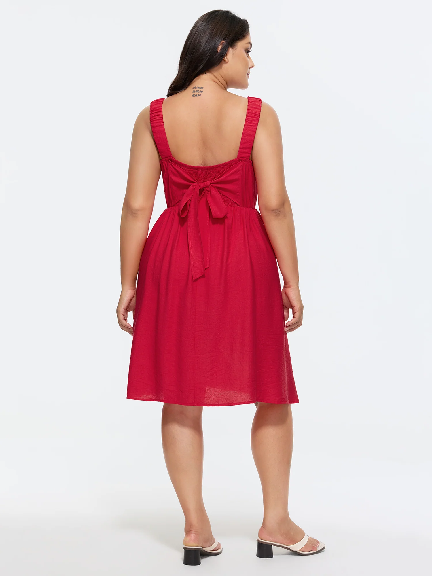 Bowknot Shirred Waist-Defining Plain Mini Dress - Image 6