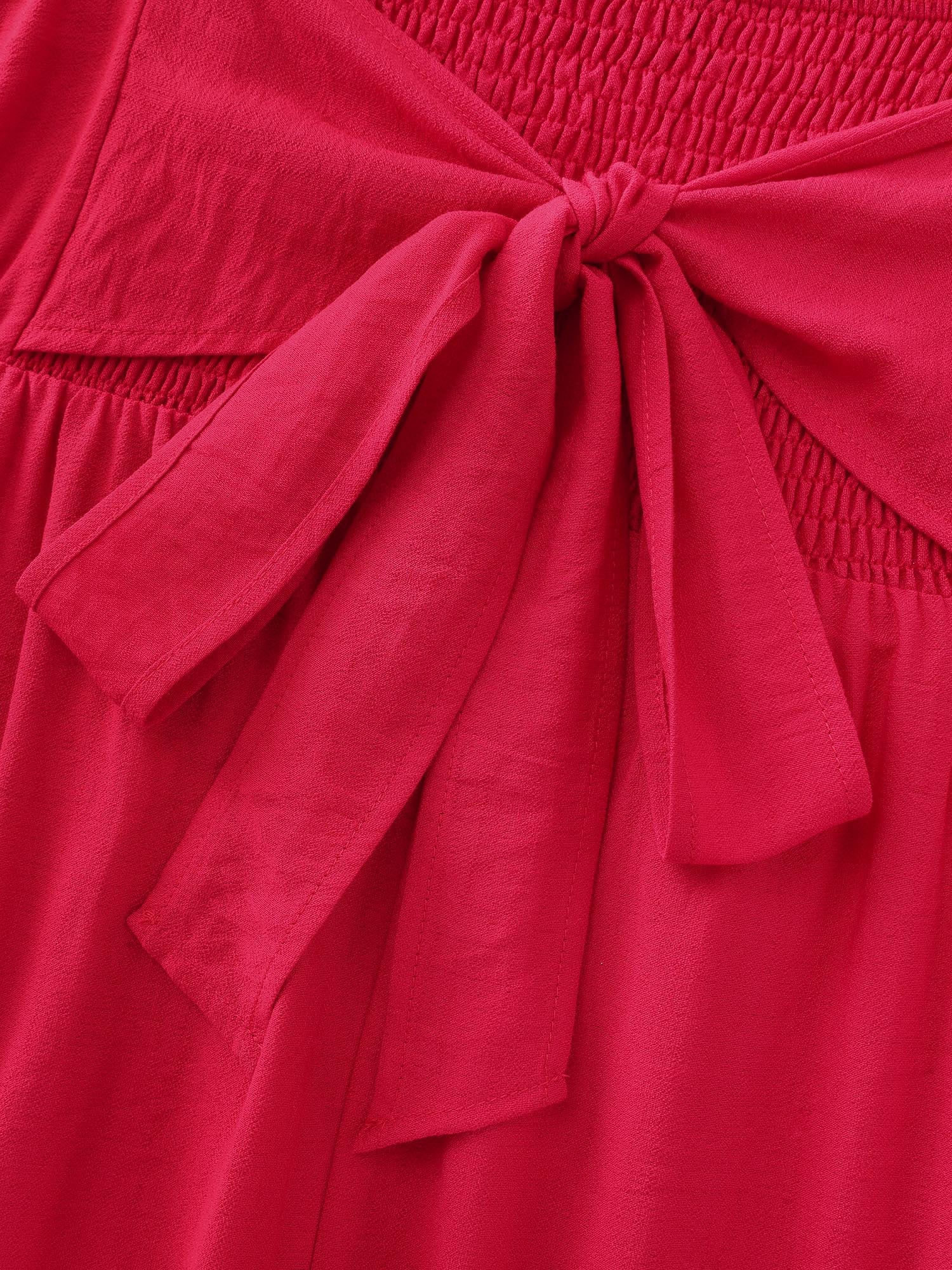Bowknot Shirred Waist-Defining Plain Mini Dress - Image 8