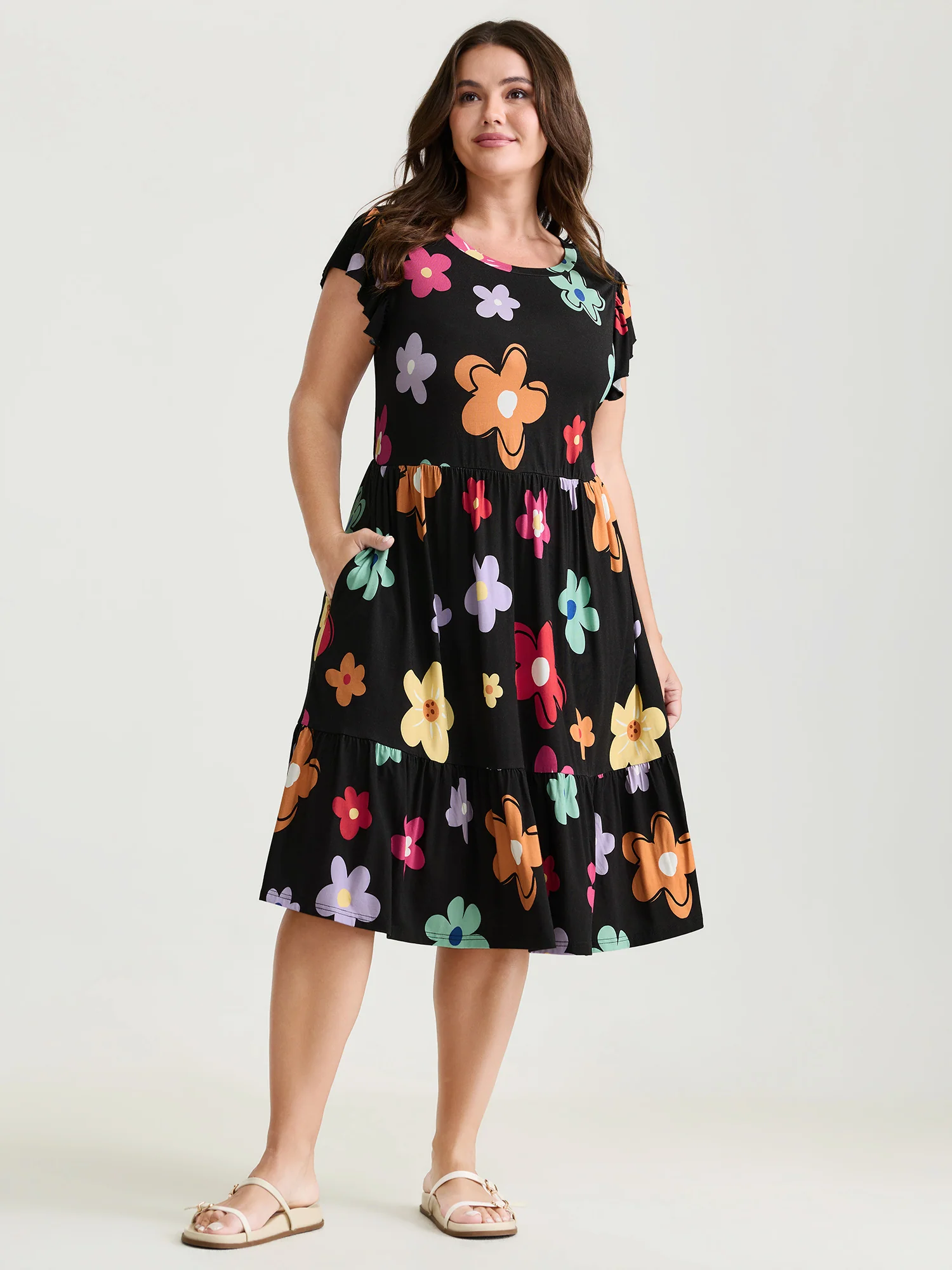 Bright Floral Print Flutter Sleeve Midi Dress - Image 3