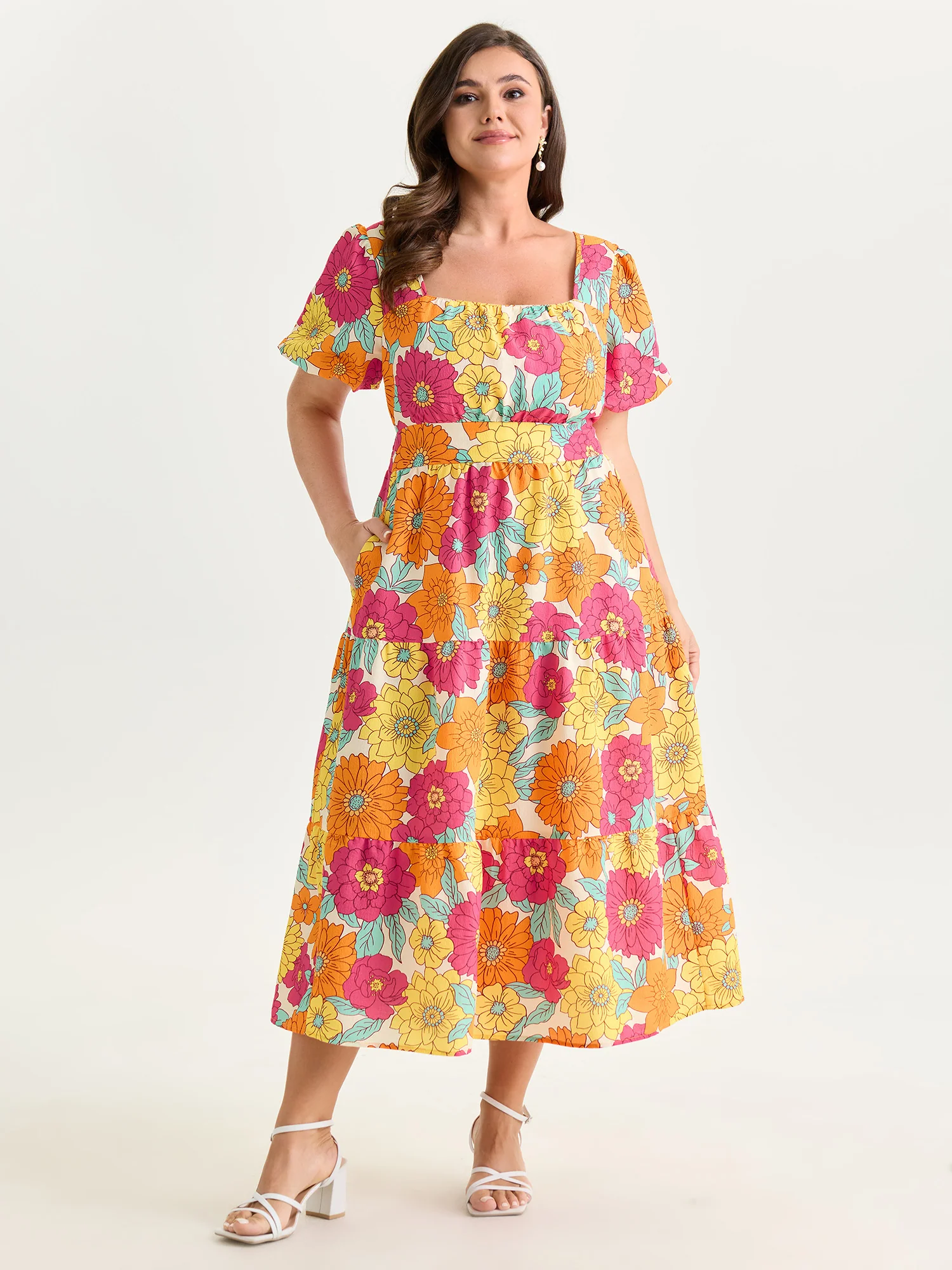 Bright Floral Print Shirred Midi Dress - Image 3