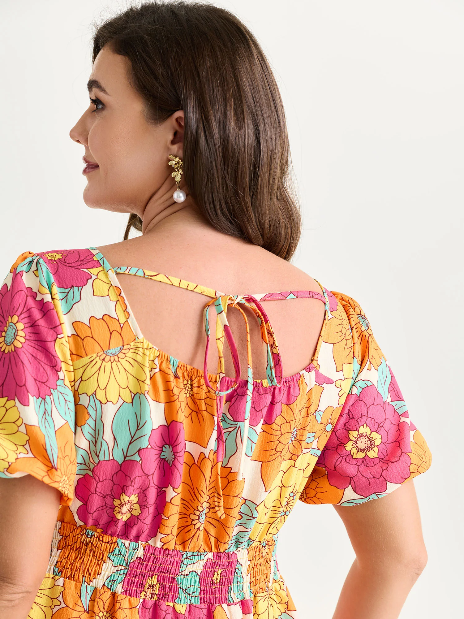 Bright Floral Print Shirred Midi Dress - Image 4