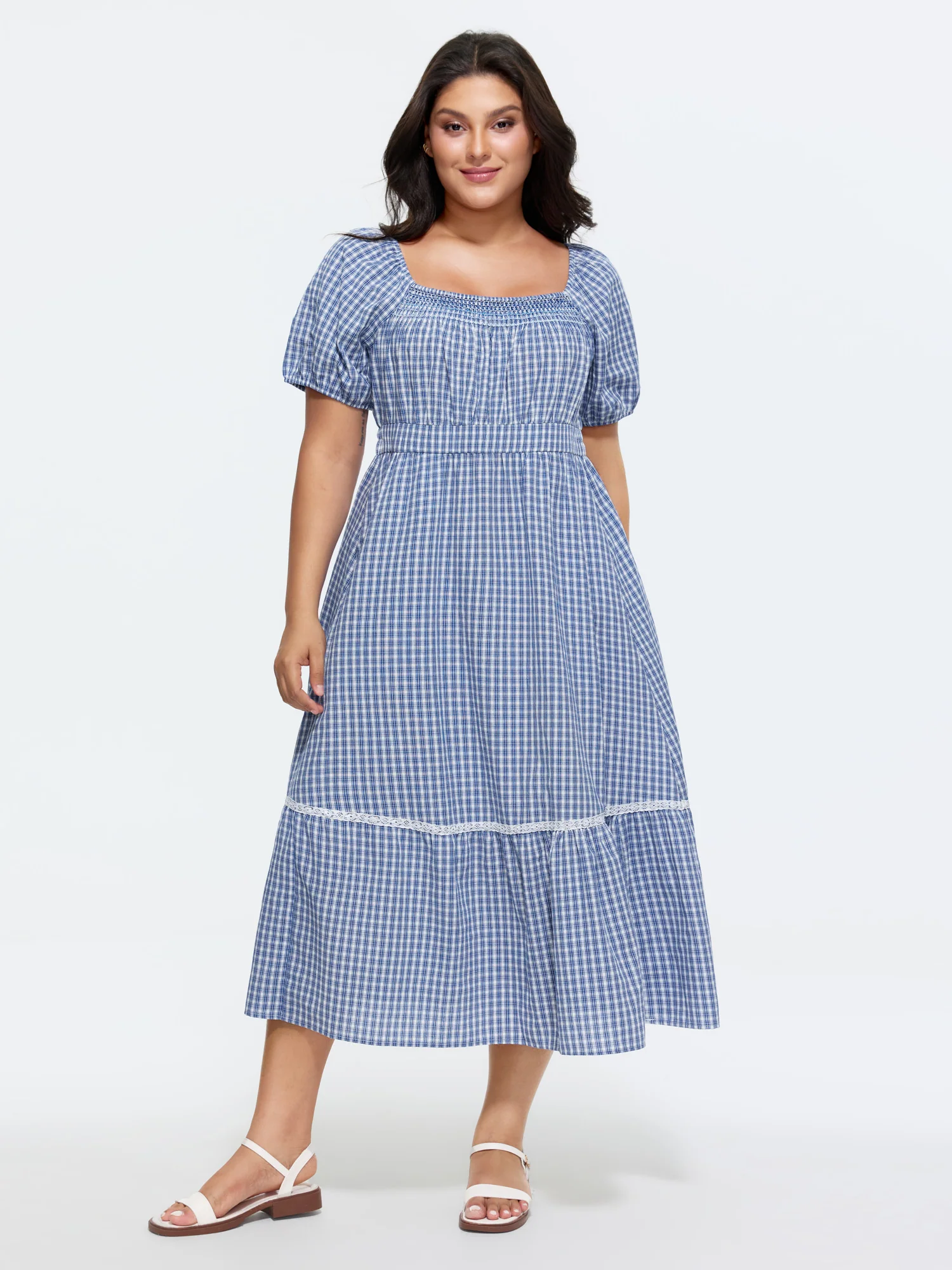 Checkered Print Lace Trim Midi Dress - Image 3