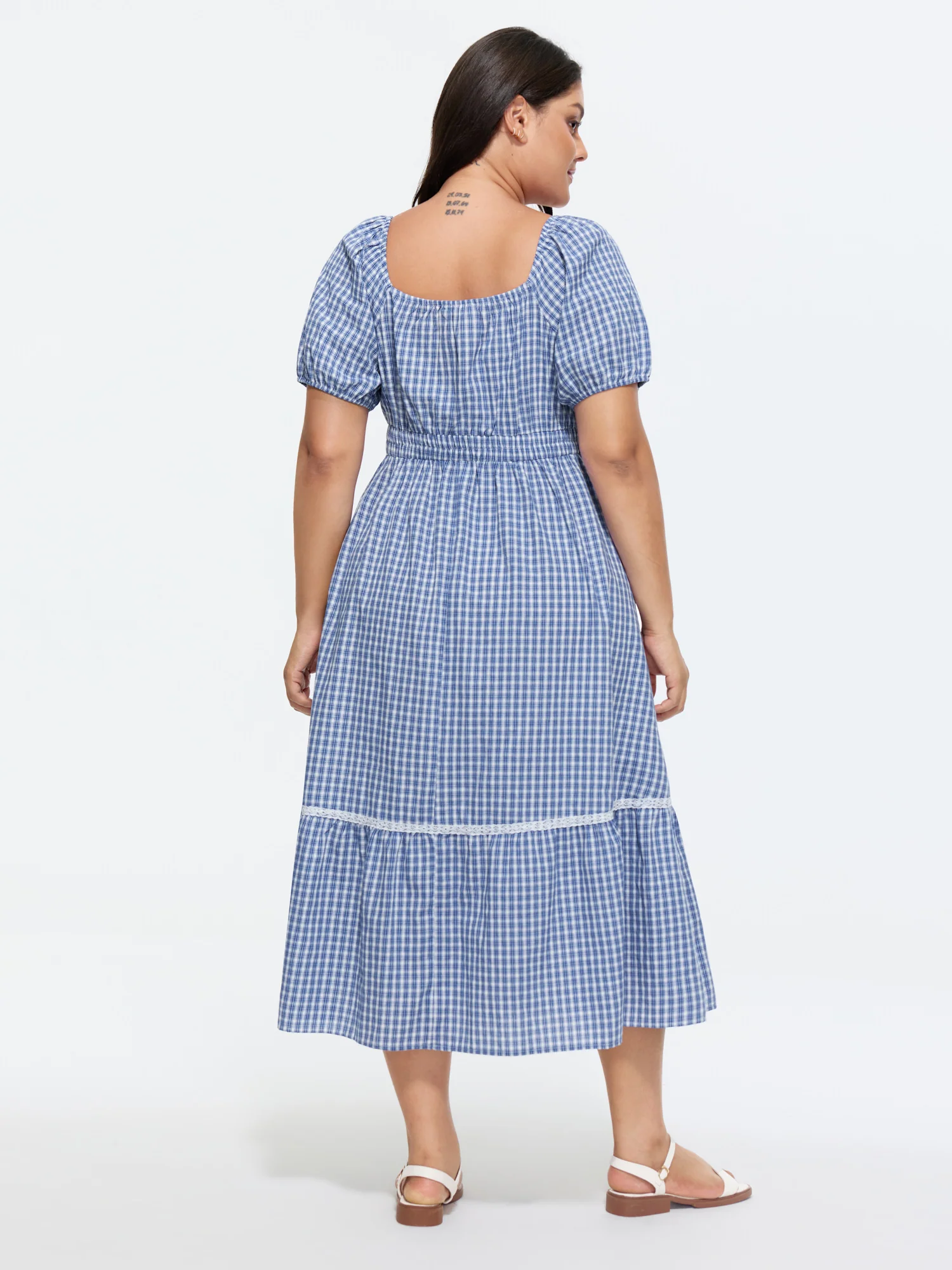 Checkered Print Lace Trim Midi Dress - Image 4
