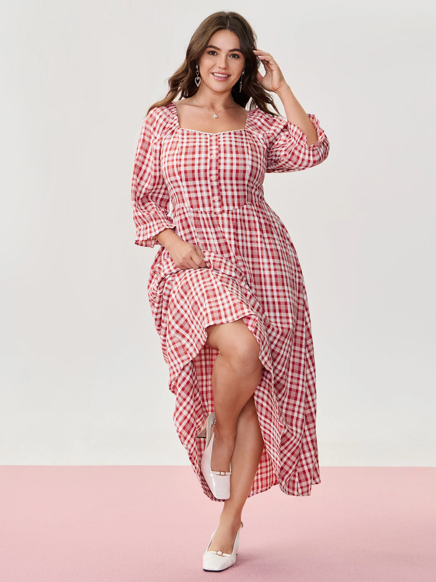 Checkered Print Pockets Button Maxi Dress - Image 2