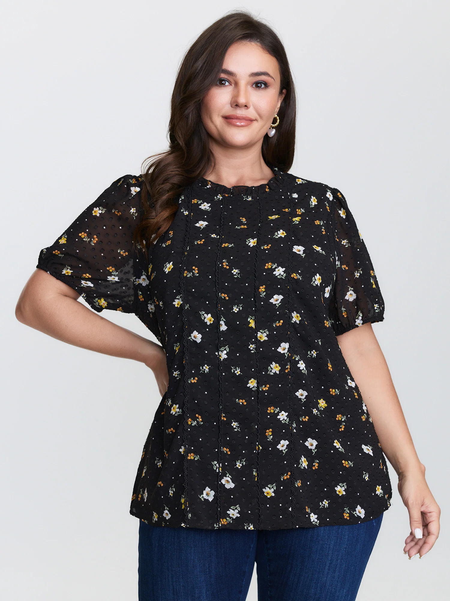 Chiffon Lace Trim Mock Neck Blouse - Image 2