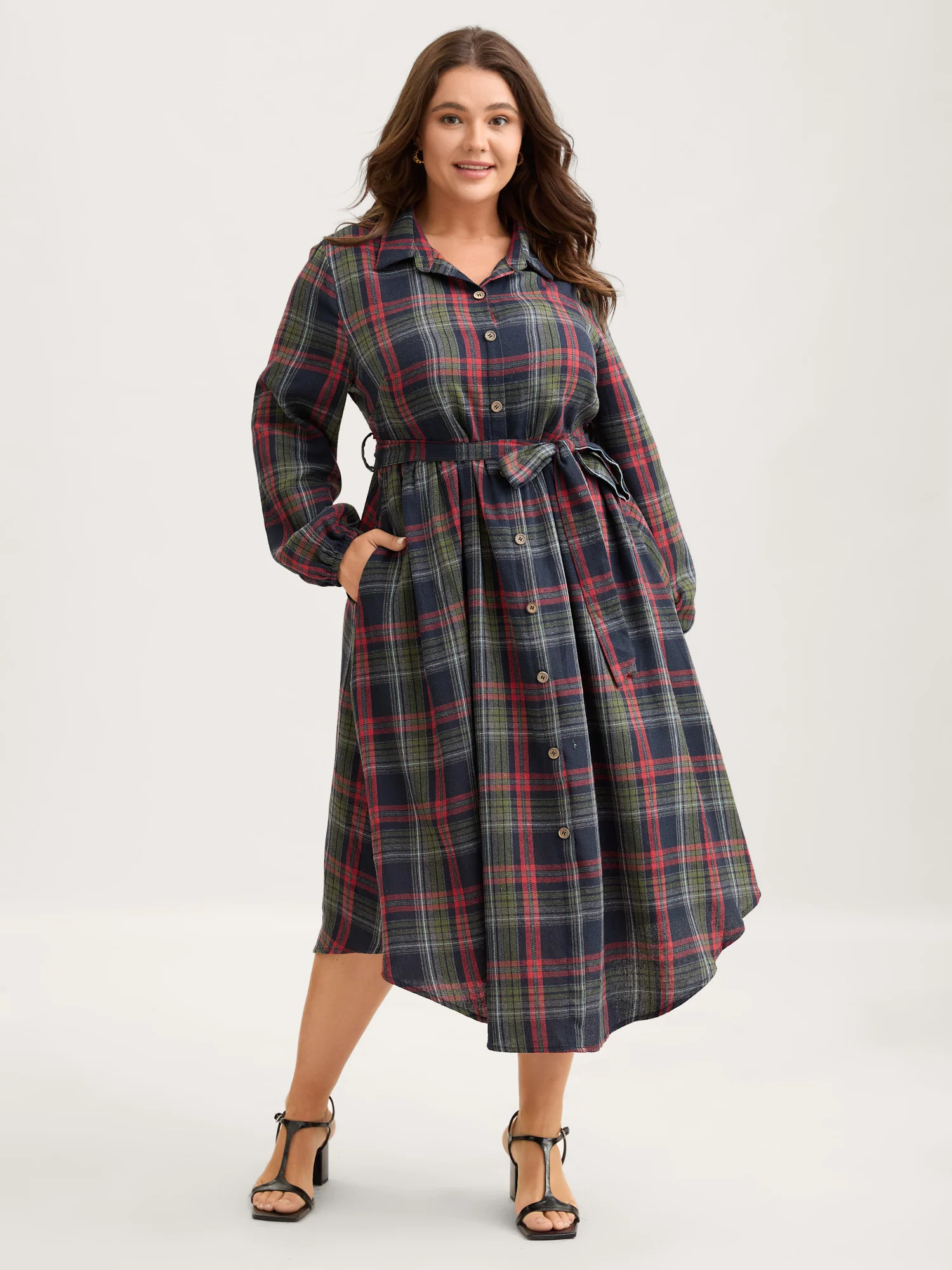 Plaid Button Detail Pocket Belted Arc Hem Dress - Image 2