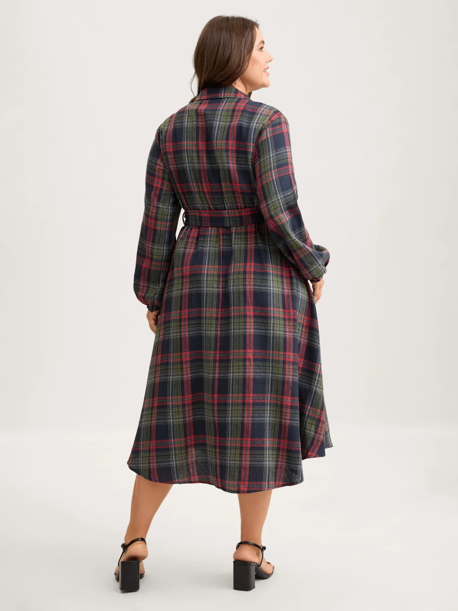 Plaid Button Detail Pocket Belted Arc Hem Dress - Image 4