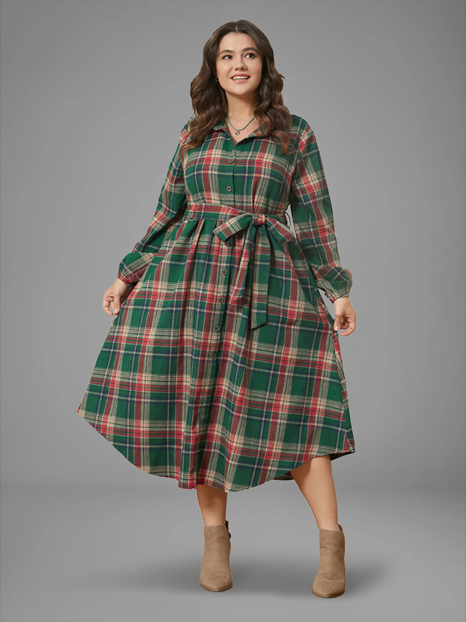 Plaid Button Detail Pocket Belted Arc Hem Dress - Image 9