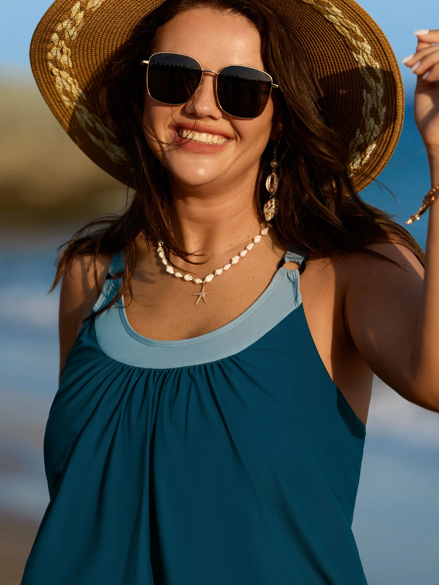 Color Block Pleated Adjustable Swim Top - Image 2