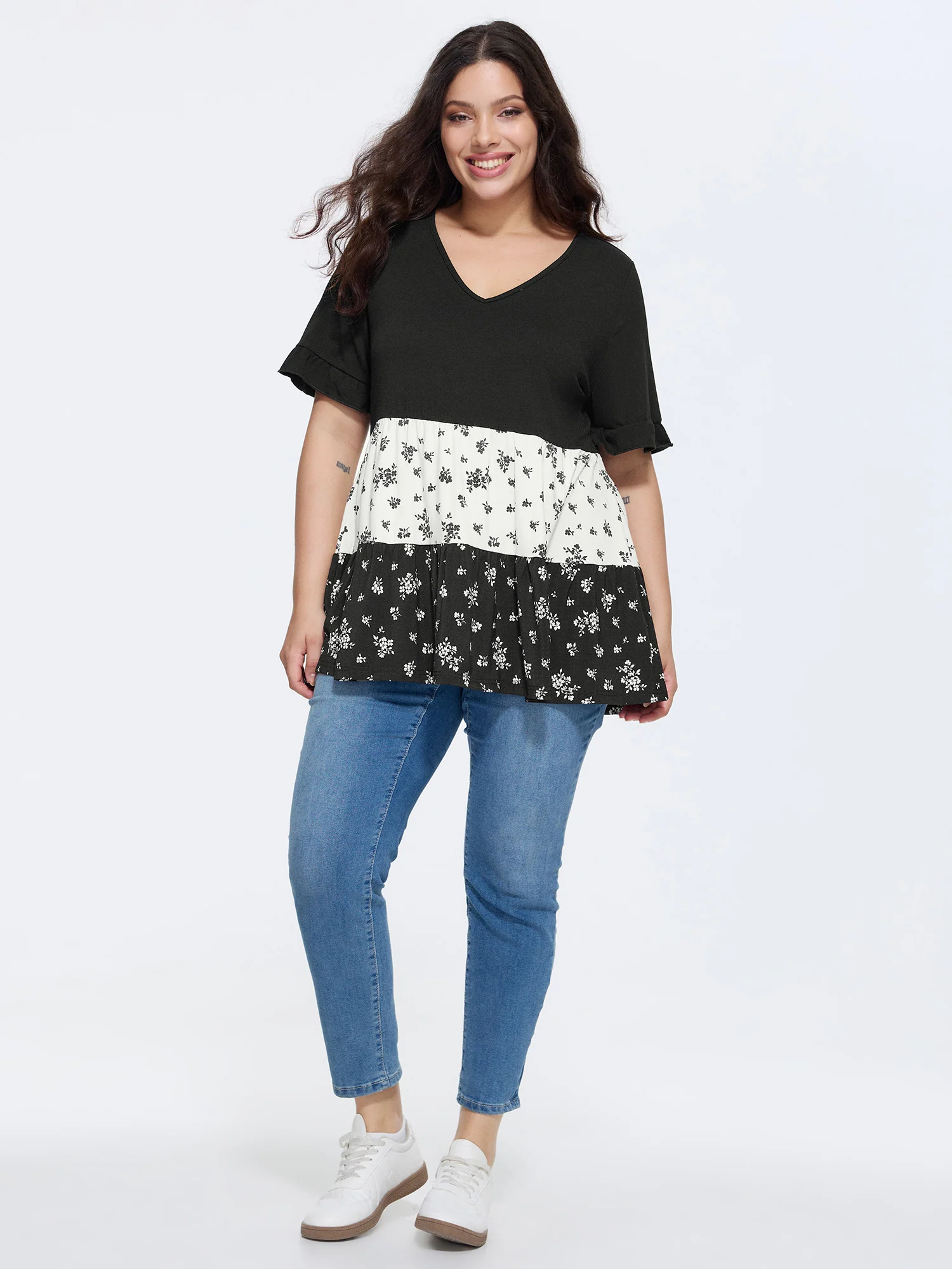 Color Contrast Floral Print Tiered Top - Image 3