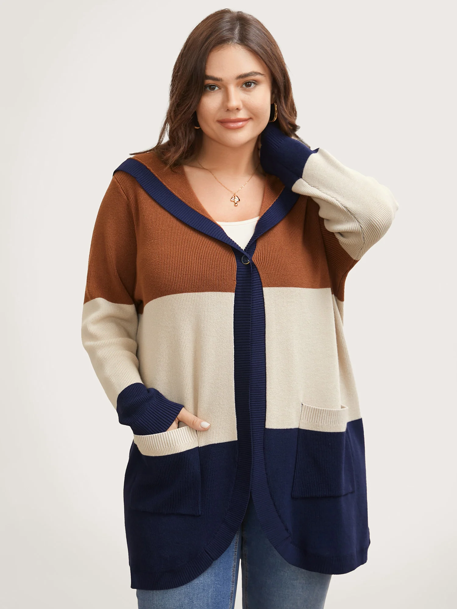 Colorblock Contrast Patched Pocket Hooded Cardigan - Image 4