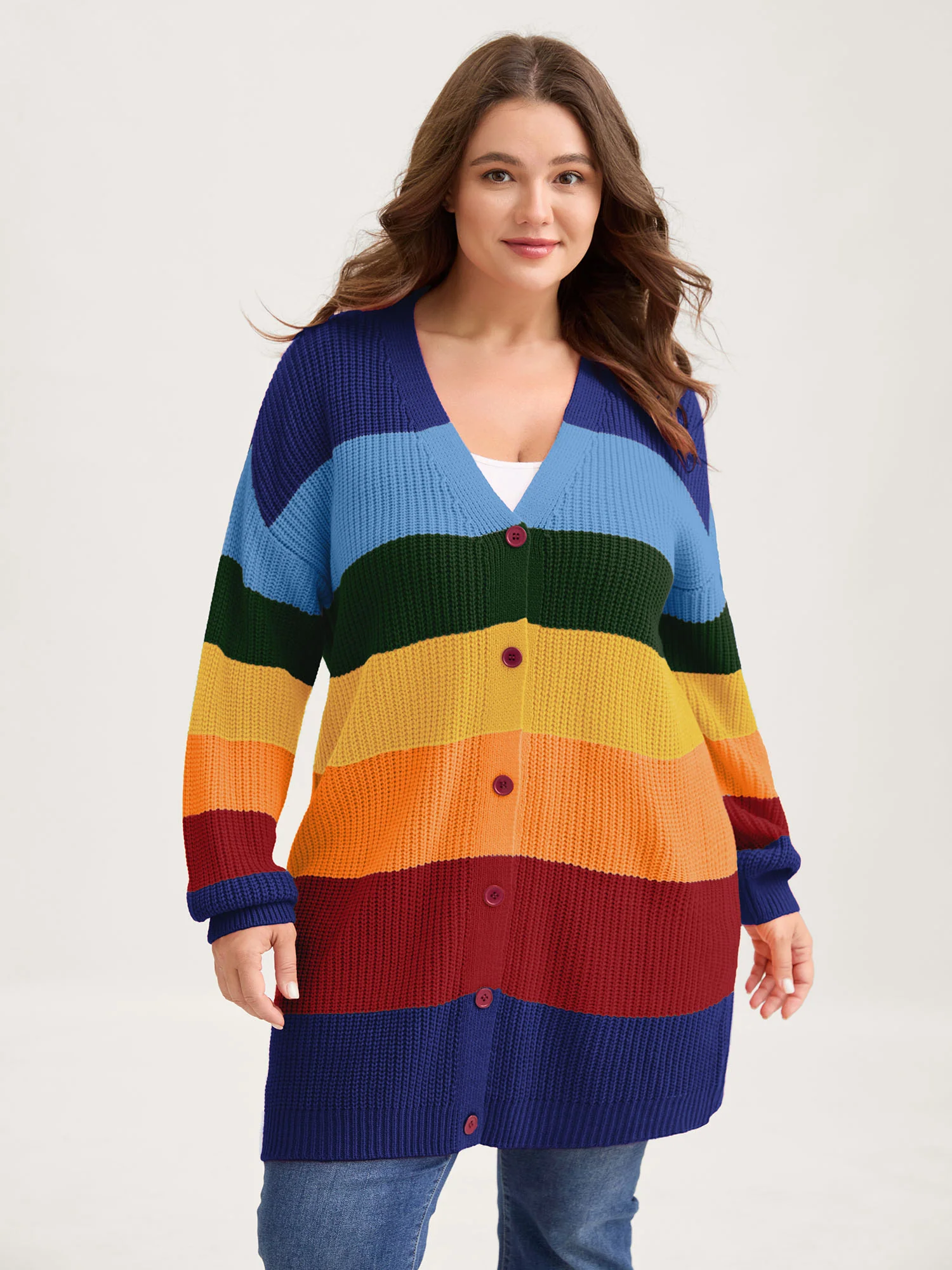 Colorblock Contrast Texture Button Cardigan - Image 12