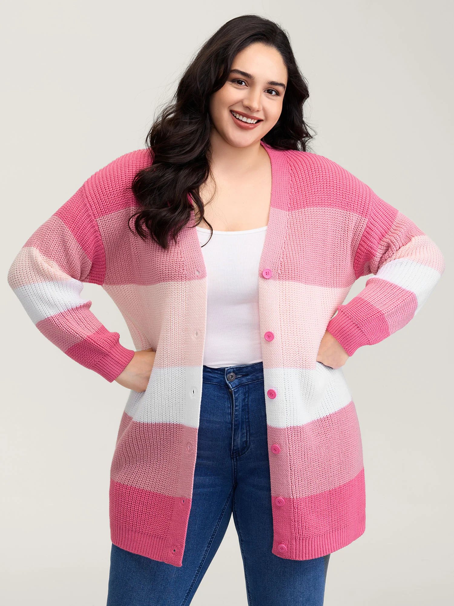 Colorblock Contrast Texture Button Cardigan - Image 6