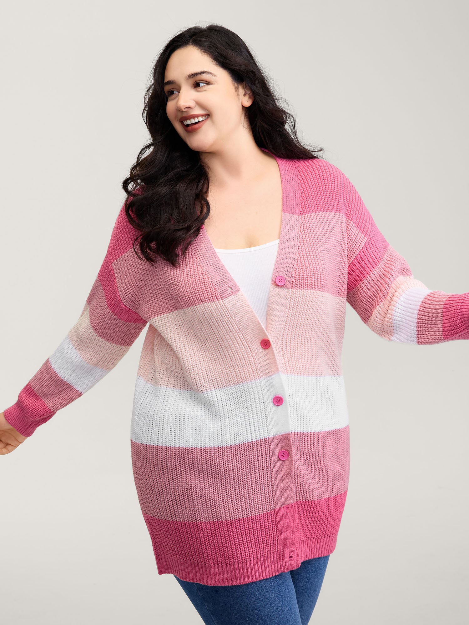 Colorblock Contrast Texture Button Cardigan - Image 9
