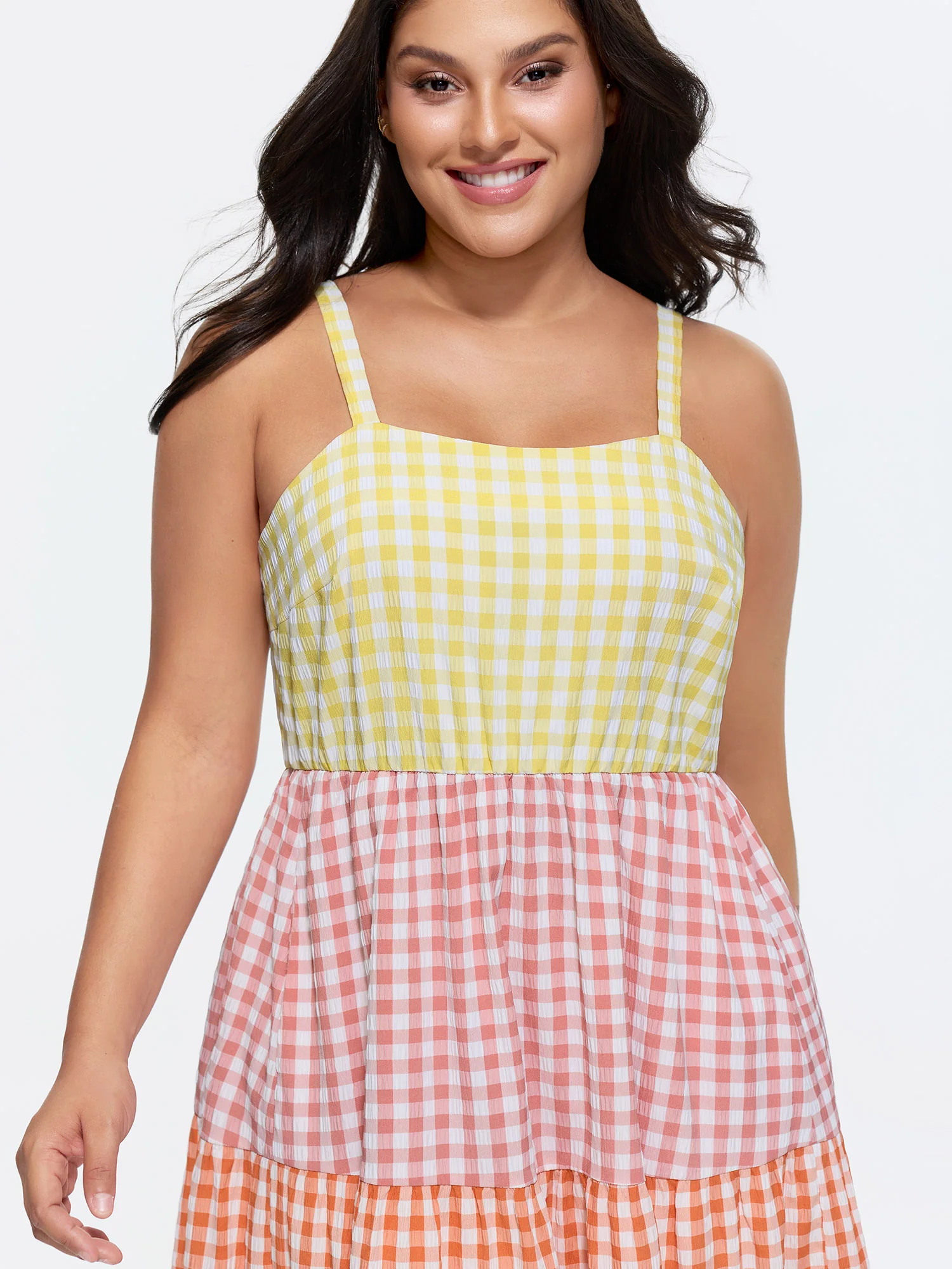 Colorblock Gingham Print Tiered Maxi Dress - Image 2