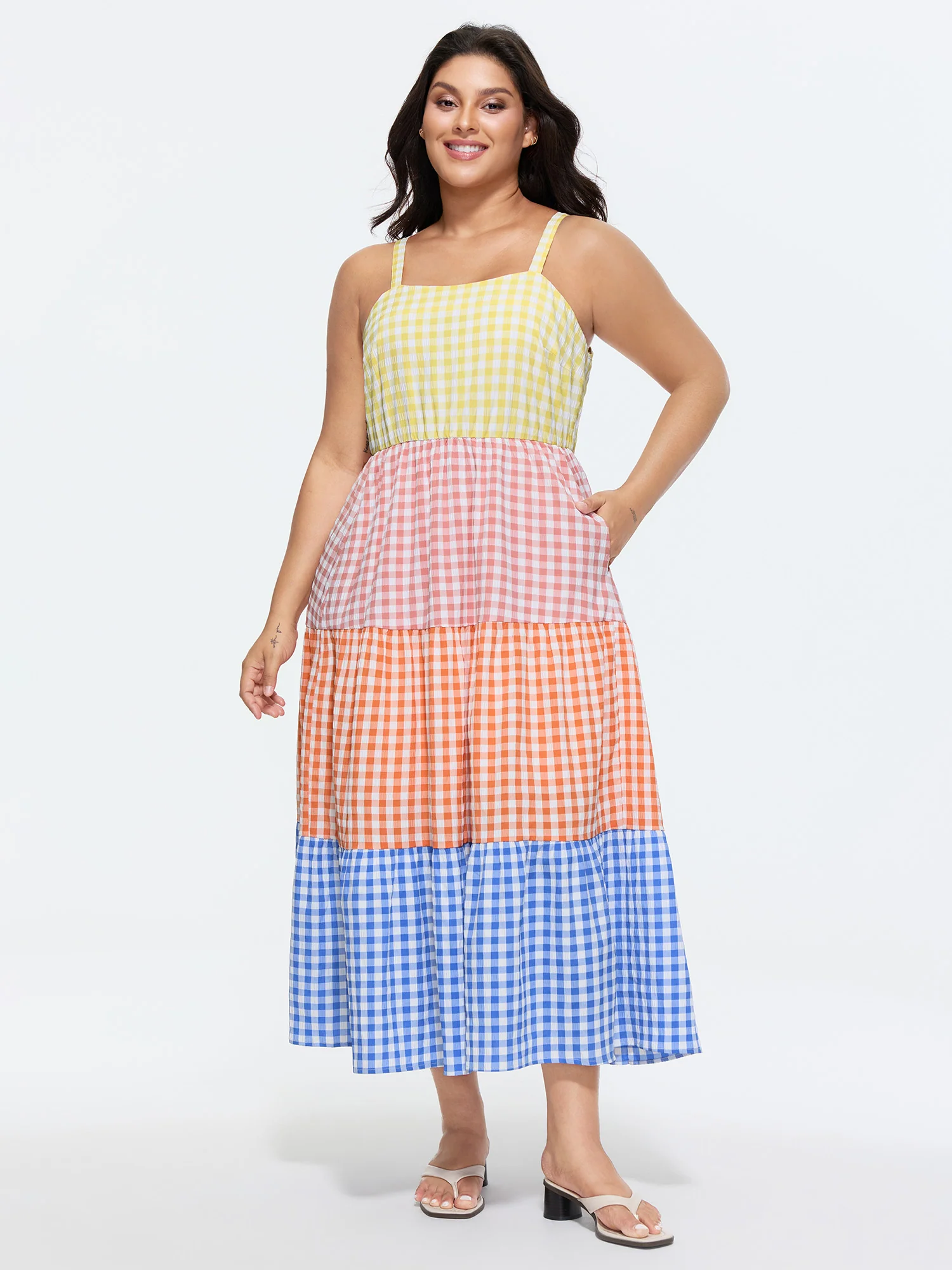 Colorblock Gingham Print Tiered Maxi Dress - Image 3