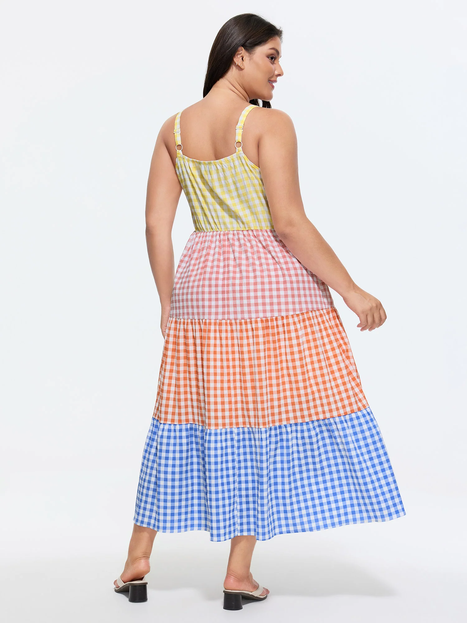 Colorblock Gingham Print Tiered Maxi Dress - Image 4