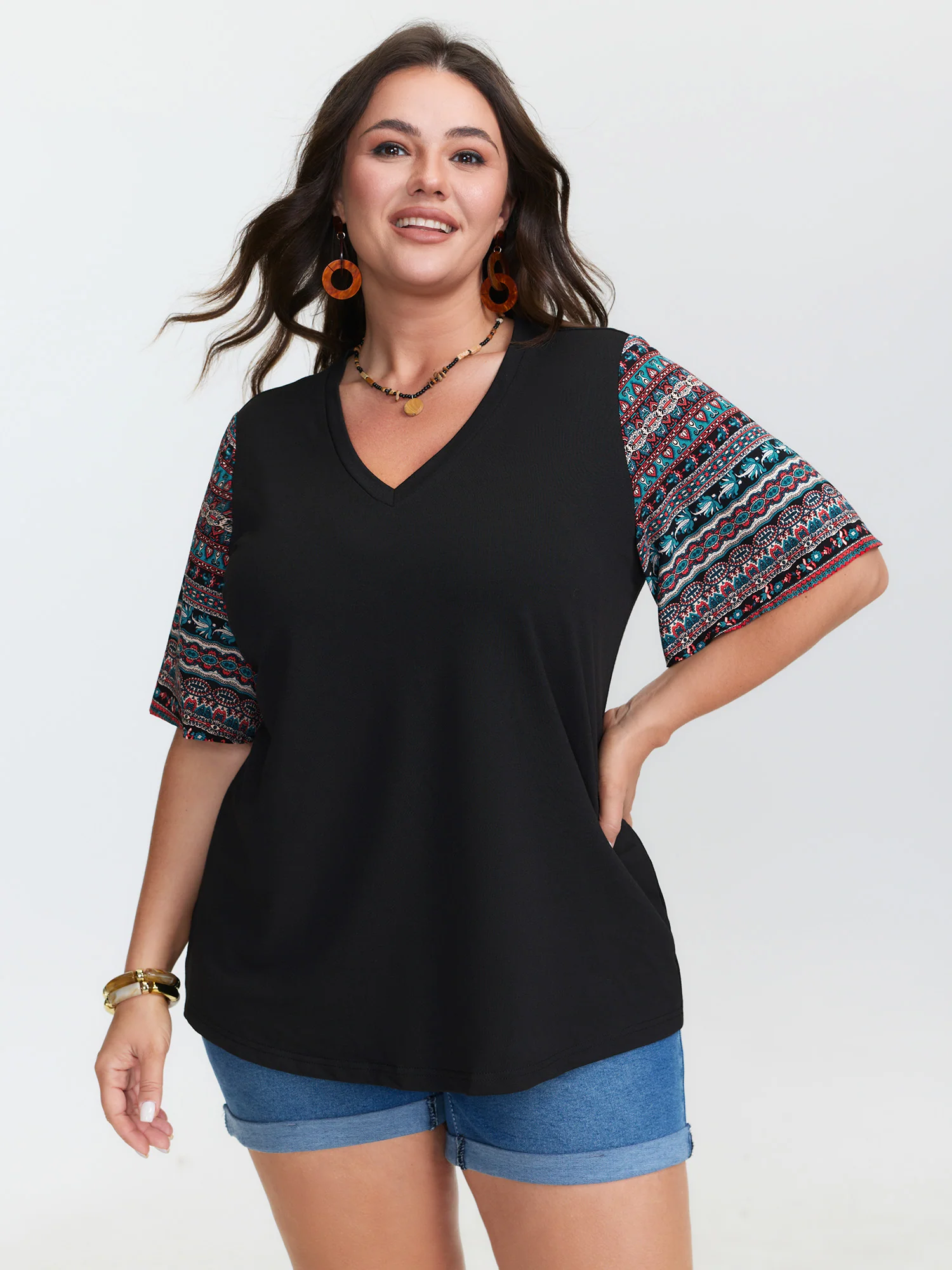 Colorful Boho Sleeve V-Neck Blouse
