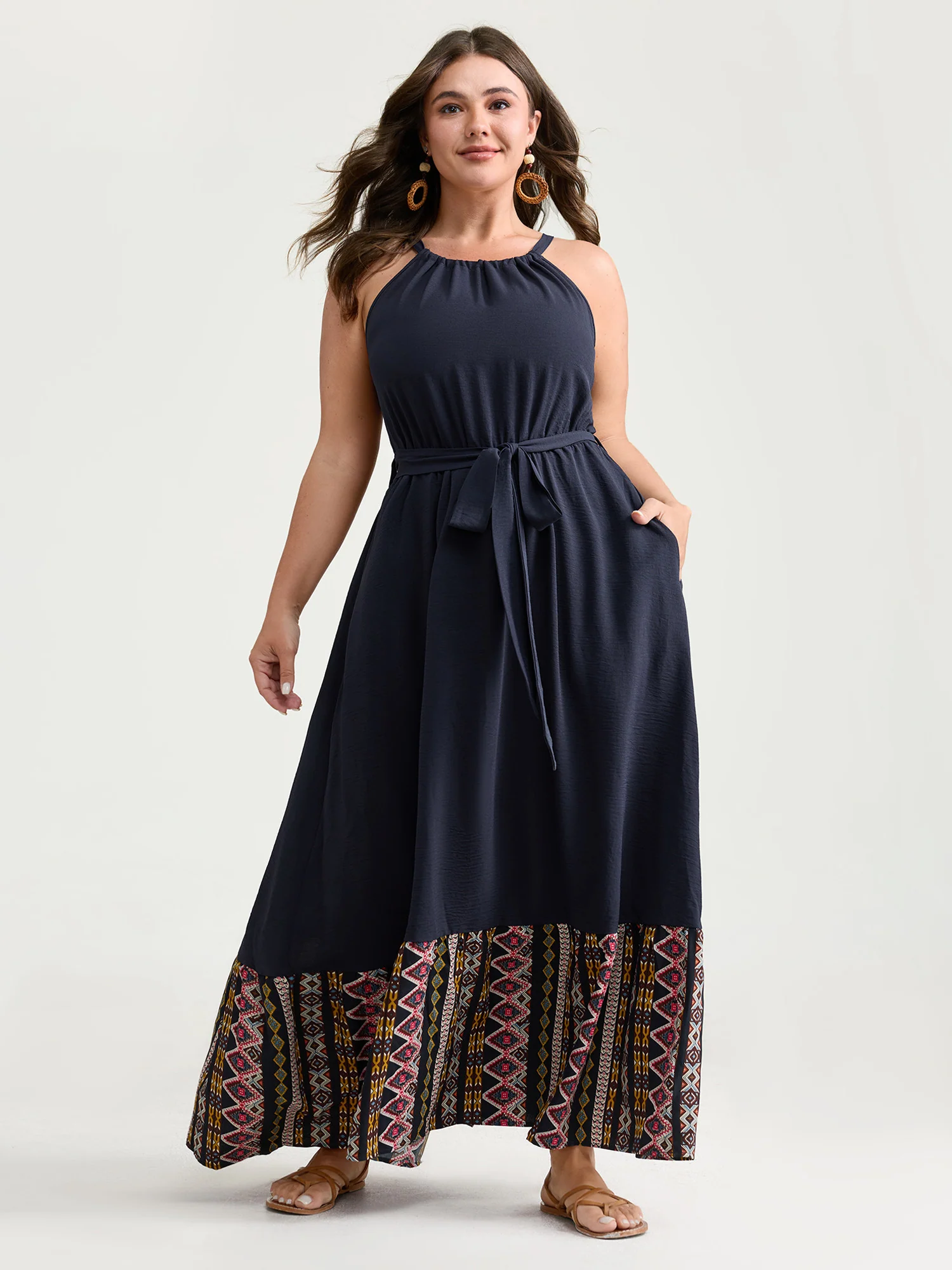 Colorful Boho Striped Hem Halter Neck Maxi Dress - Image 3