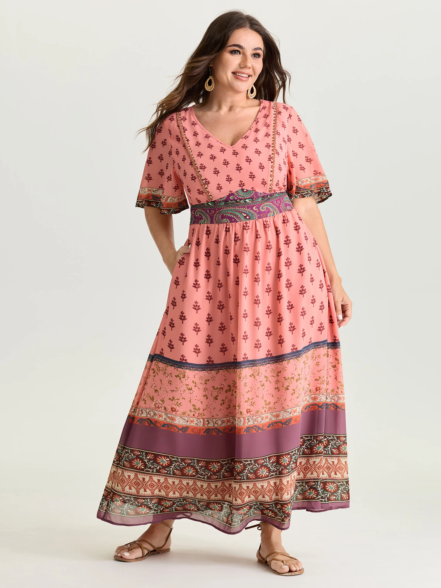 Colorful Floral Paisley Print V-Neck Maxi Dress