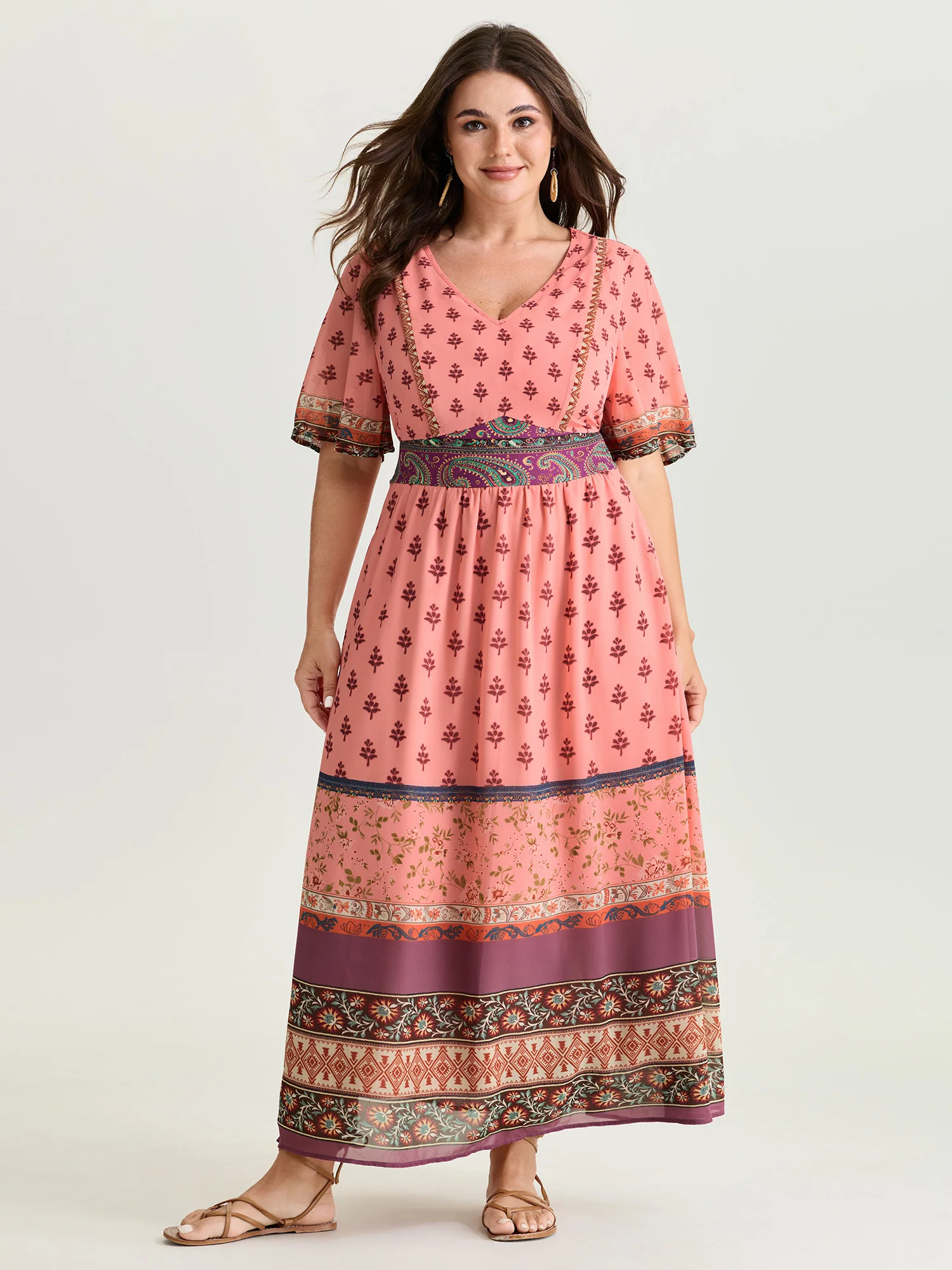 Colorful Floral Paisley Print V-Neck Maxi Dress - Image 3