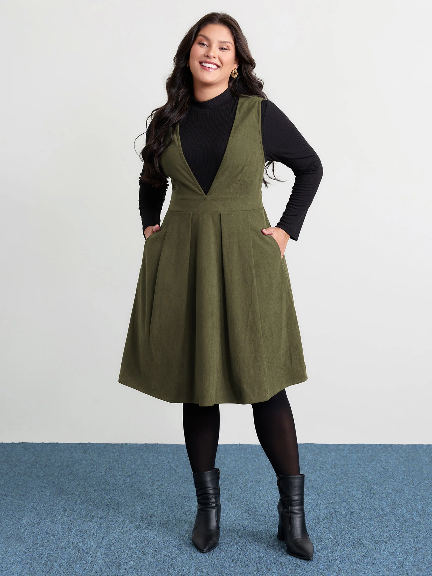 Corduroy Stretchy Waist V-Neck Mini Dress