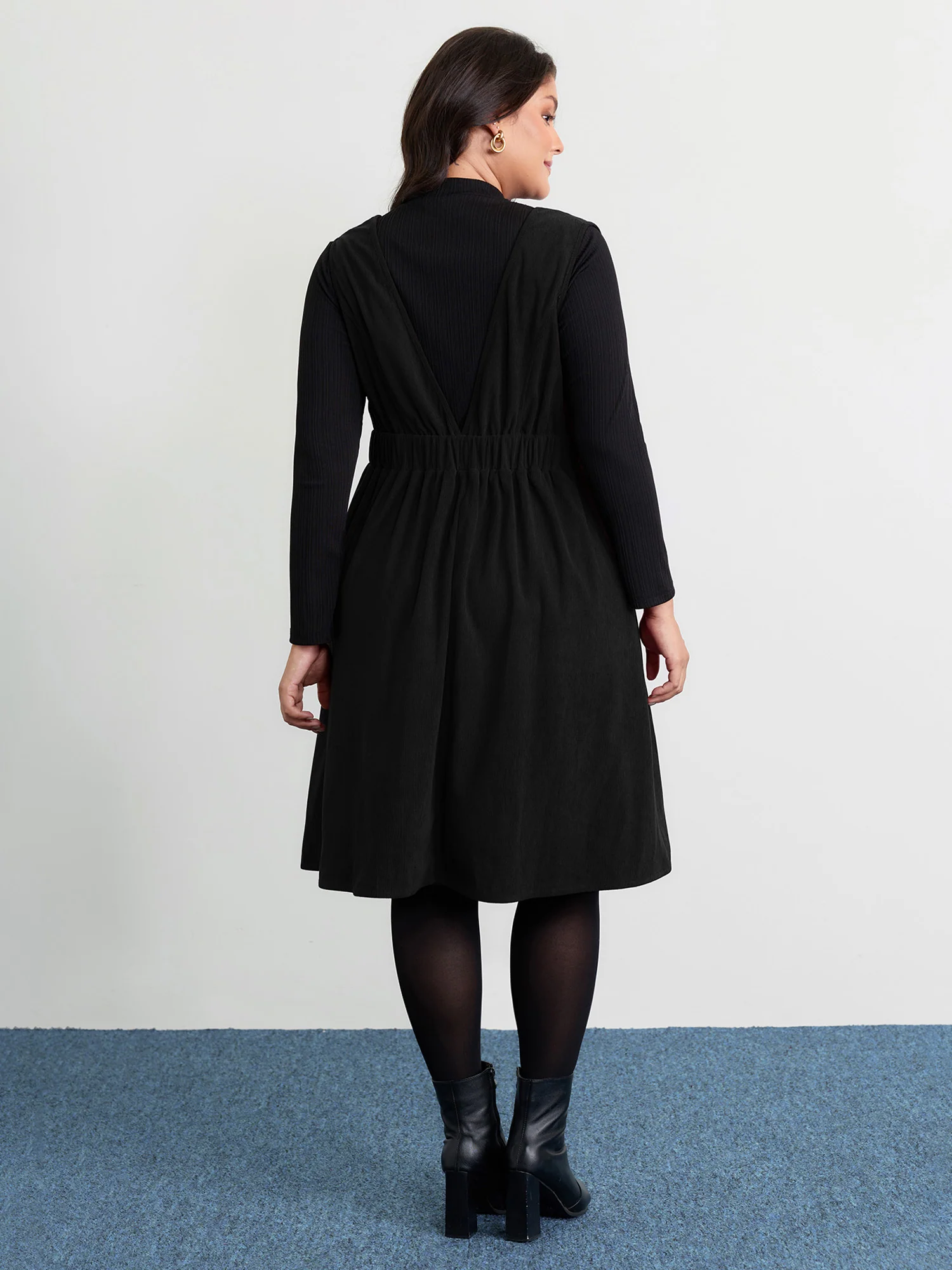 Corduroy Stretchy Waist V-Neck Mini Dress - Image 10