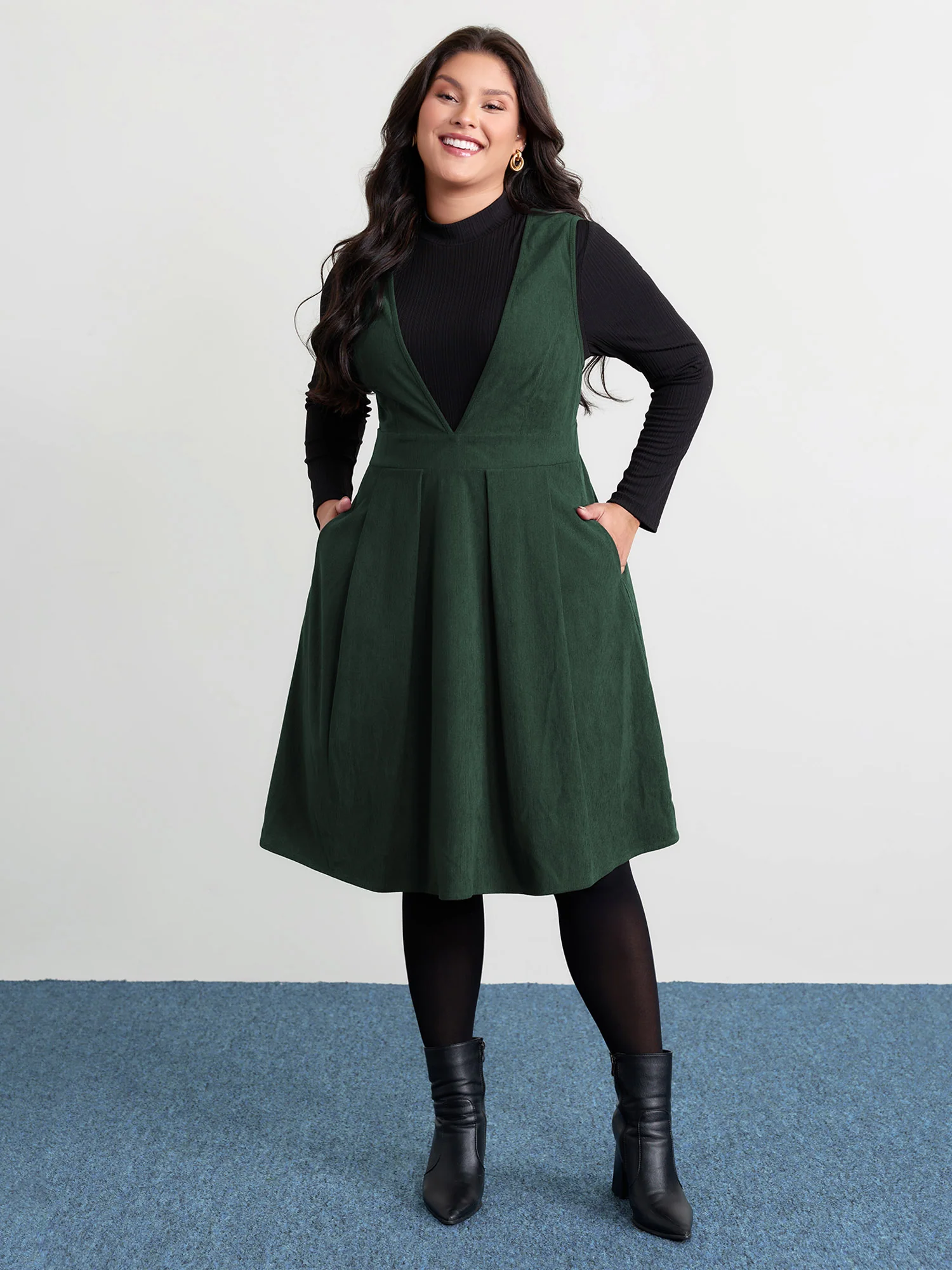 Corduroy Stretchy Waist V-Neck Mini Dress - Image 11