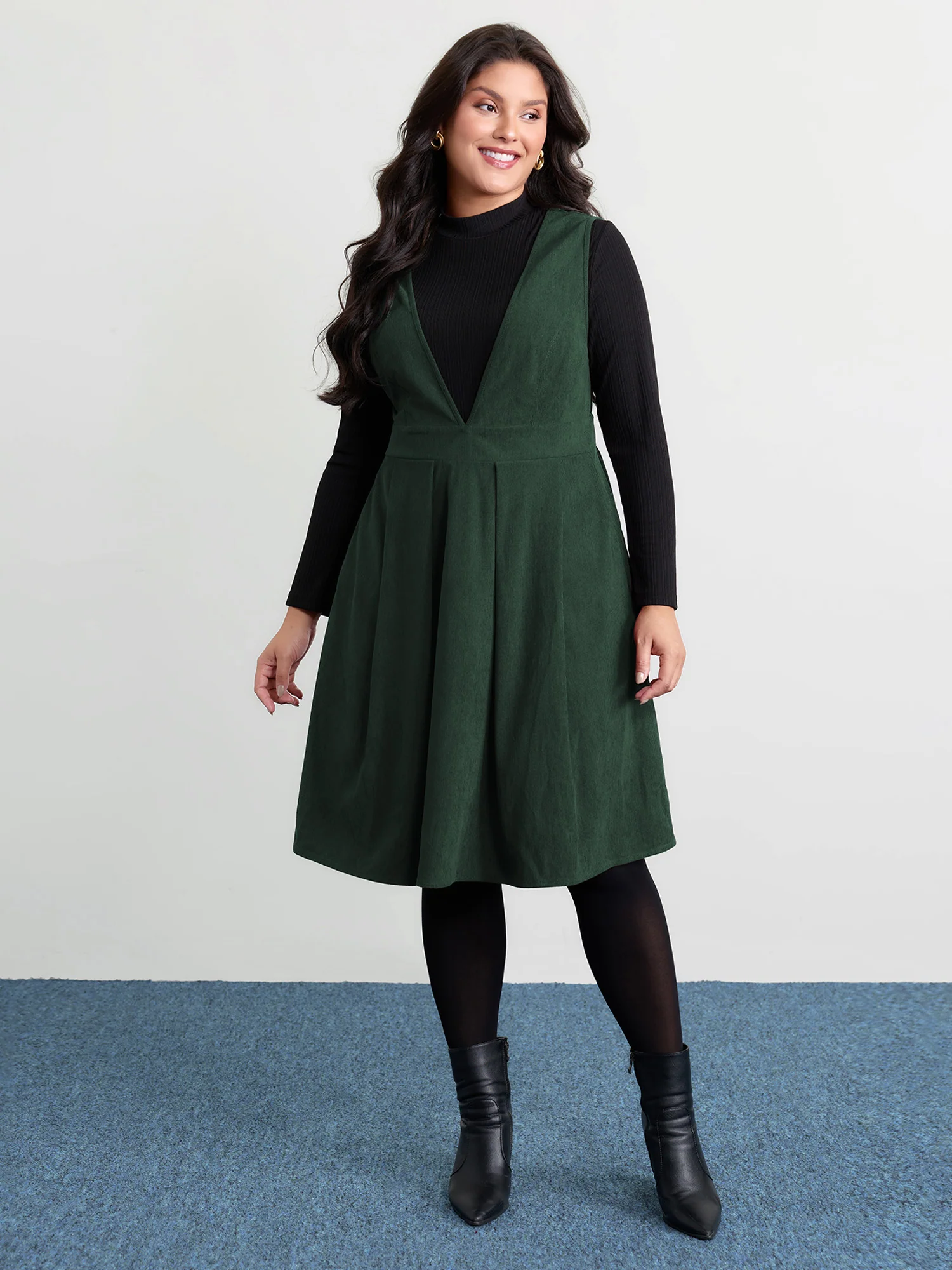 Corduroy Stretchy Waist V-Neck Mini Dress - Image 13