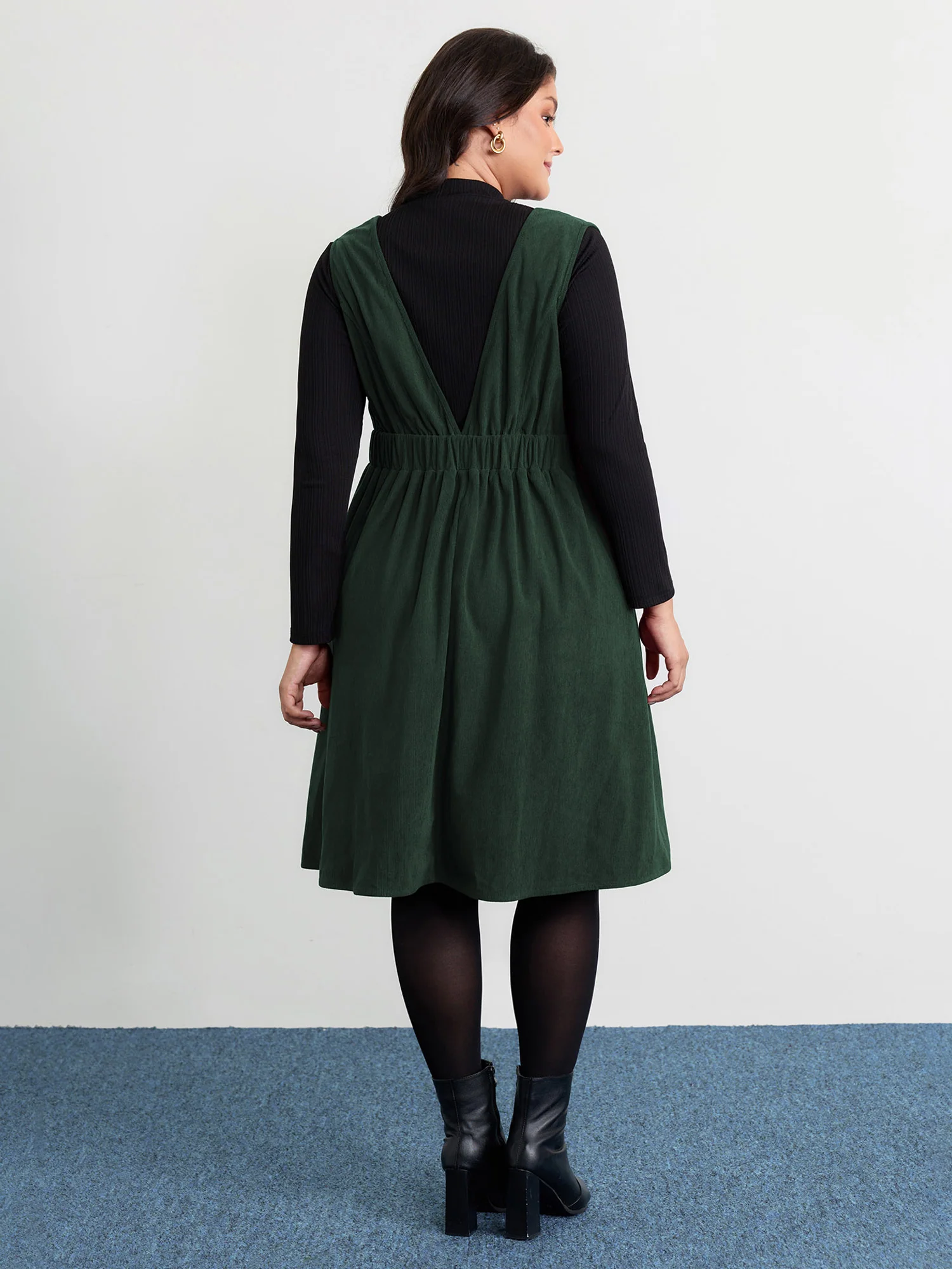 Corduroy Stretchy Waist V-Neck Mini Dress - Image 15