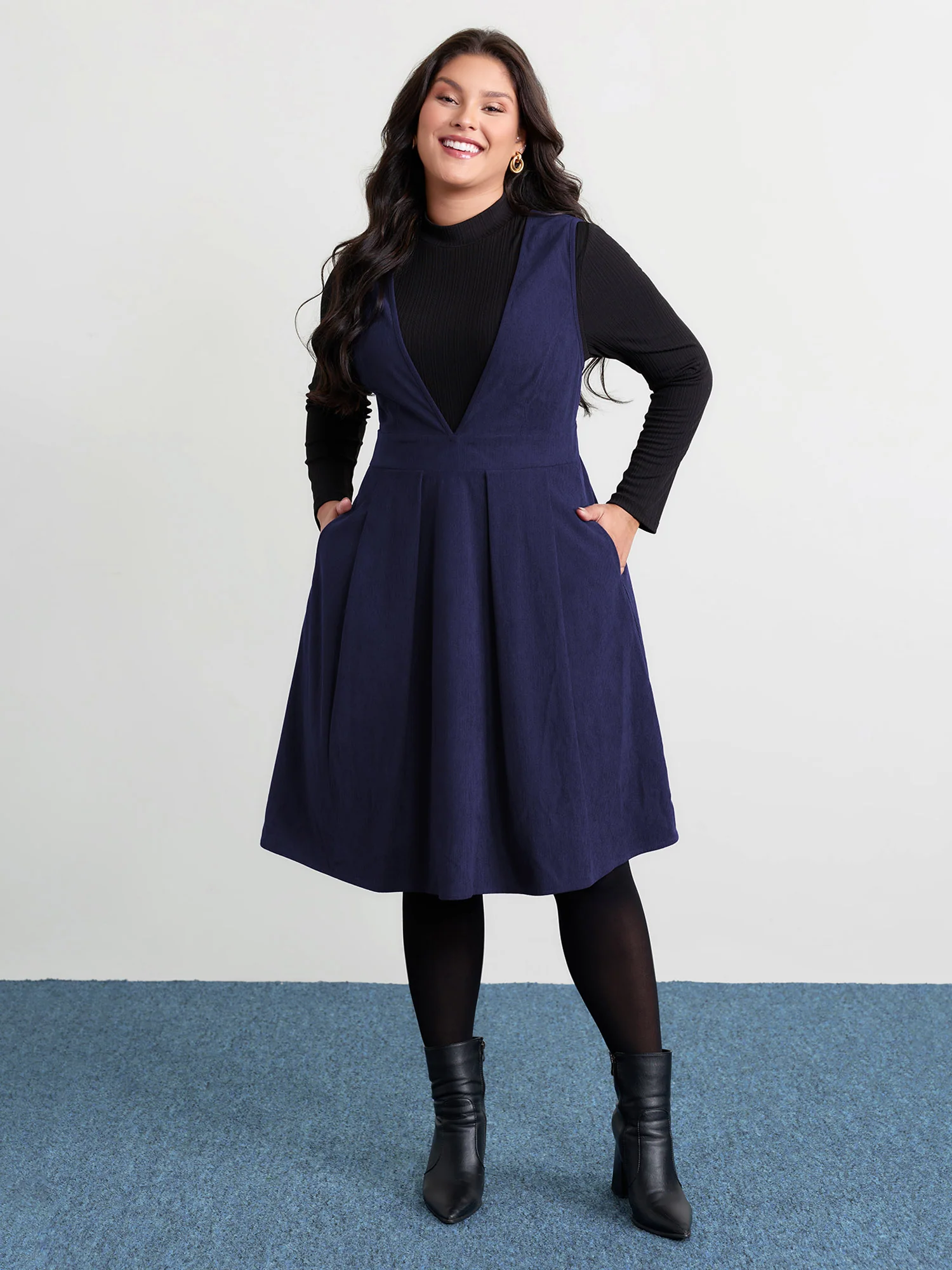 Corduroy Stretchy Waist V-Neck Mini Dress - Image 16