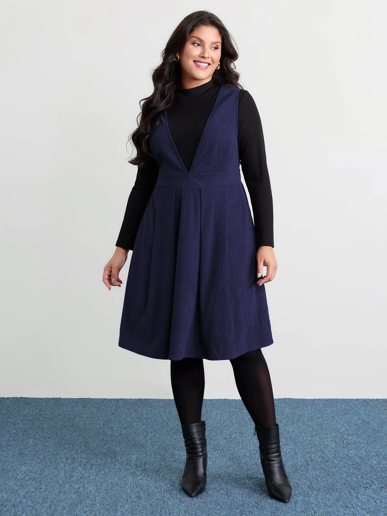 Corduroy Stretchy Waist V-Neck Mini Dress - Image 18
