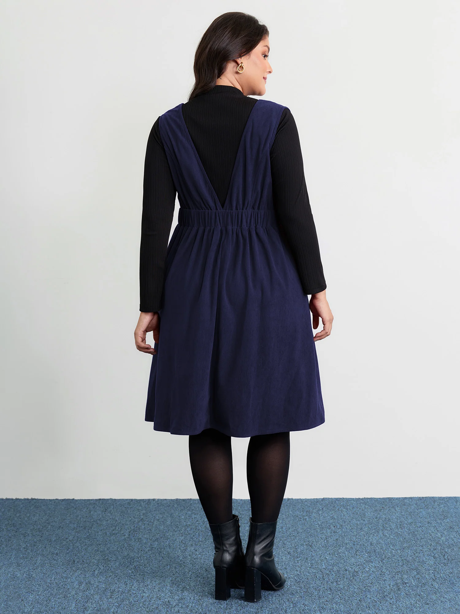 Corduroy Stretchy Waist V-Neck Mini Dress - Image 20