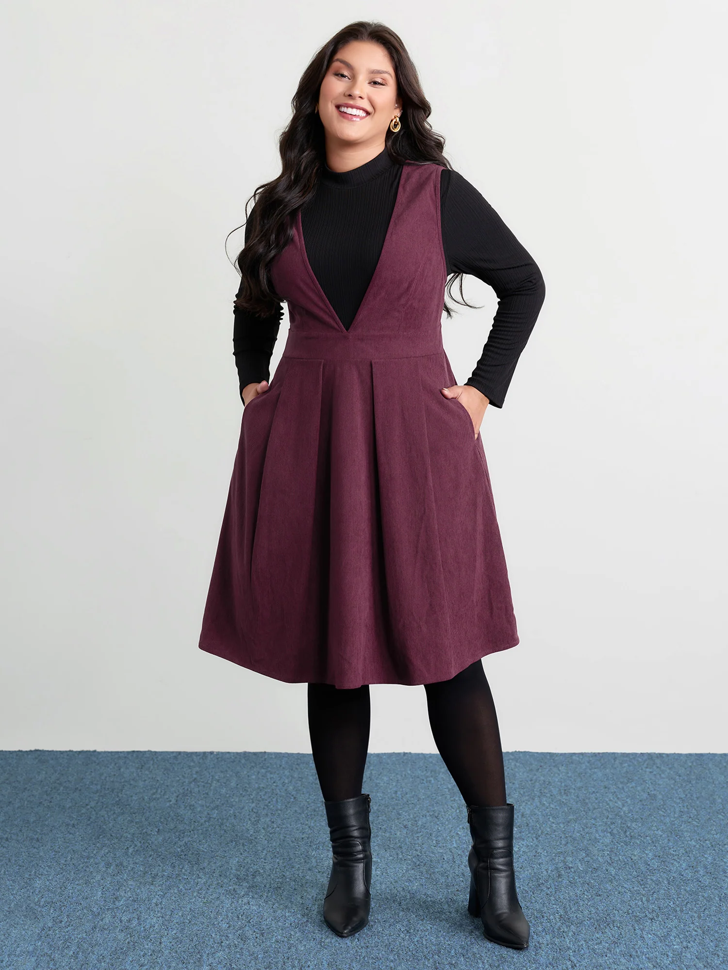 Corduroy Stretchy Waist V-Neck Mini Dress - Image 21