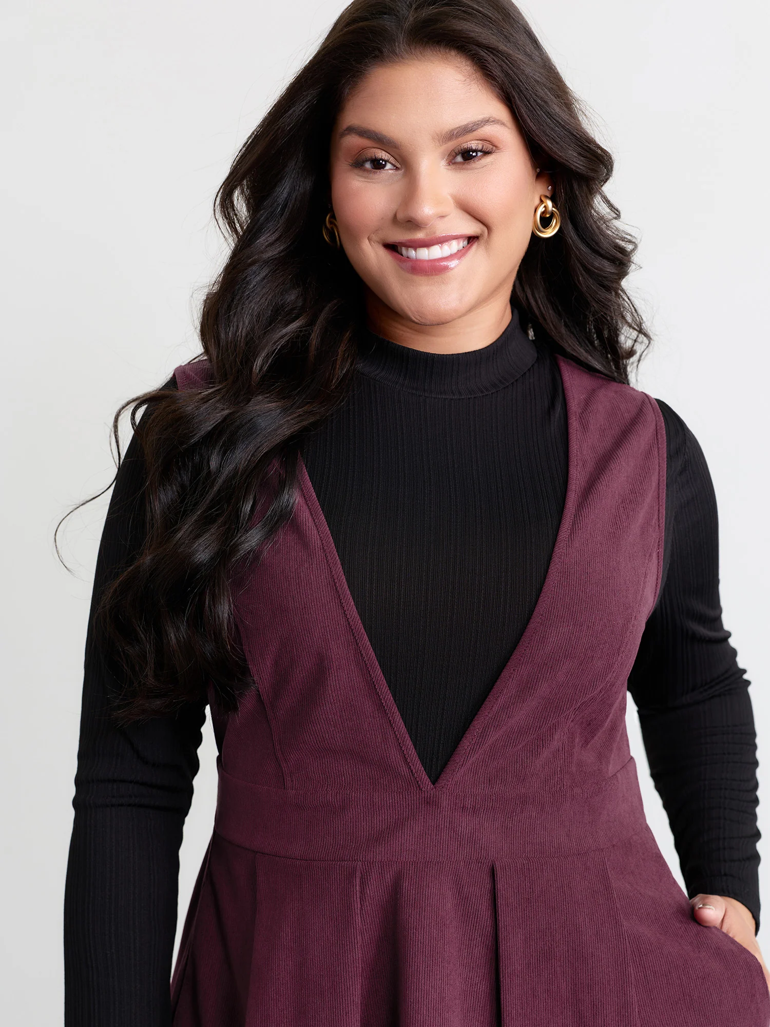 Corduroy Stretchy Waist V-Neck Mini Dress - Image 22