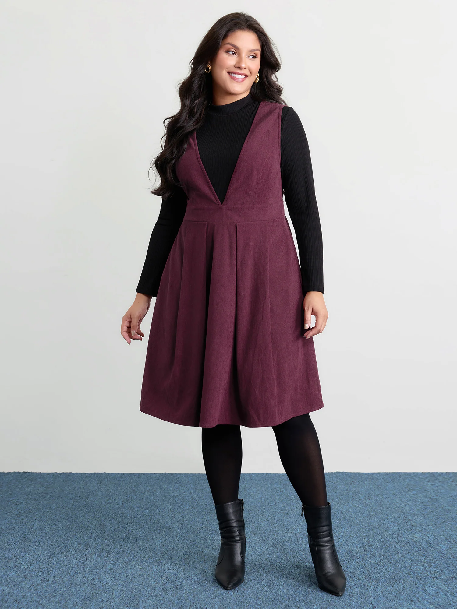 Corduroy Stretchy Waist V-Neck Mini Dress - Image 23
