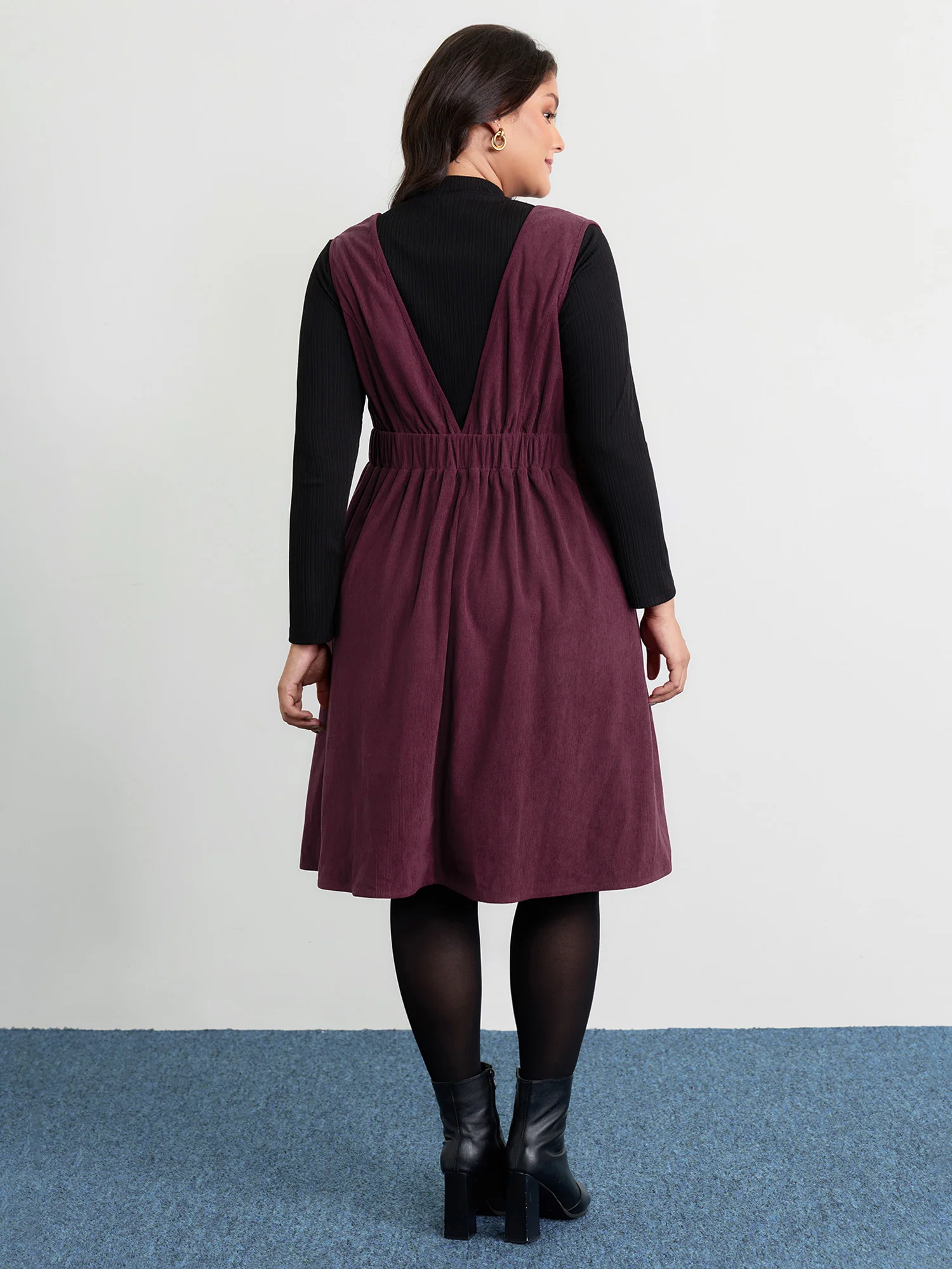 Corduroy Stretchy Waist V-Neck Mini Dress - Image 25