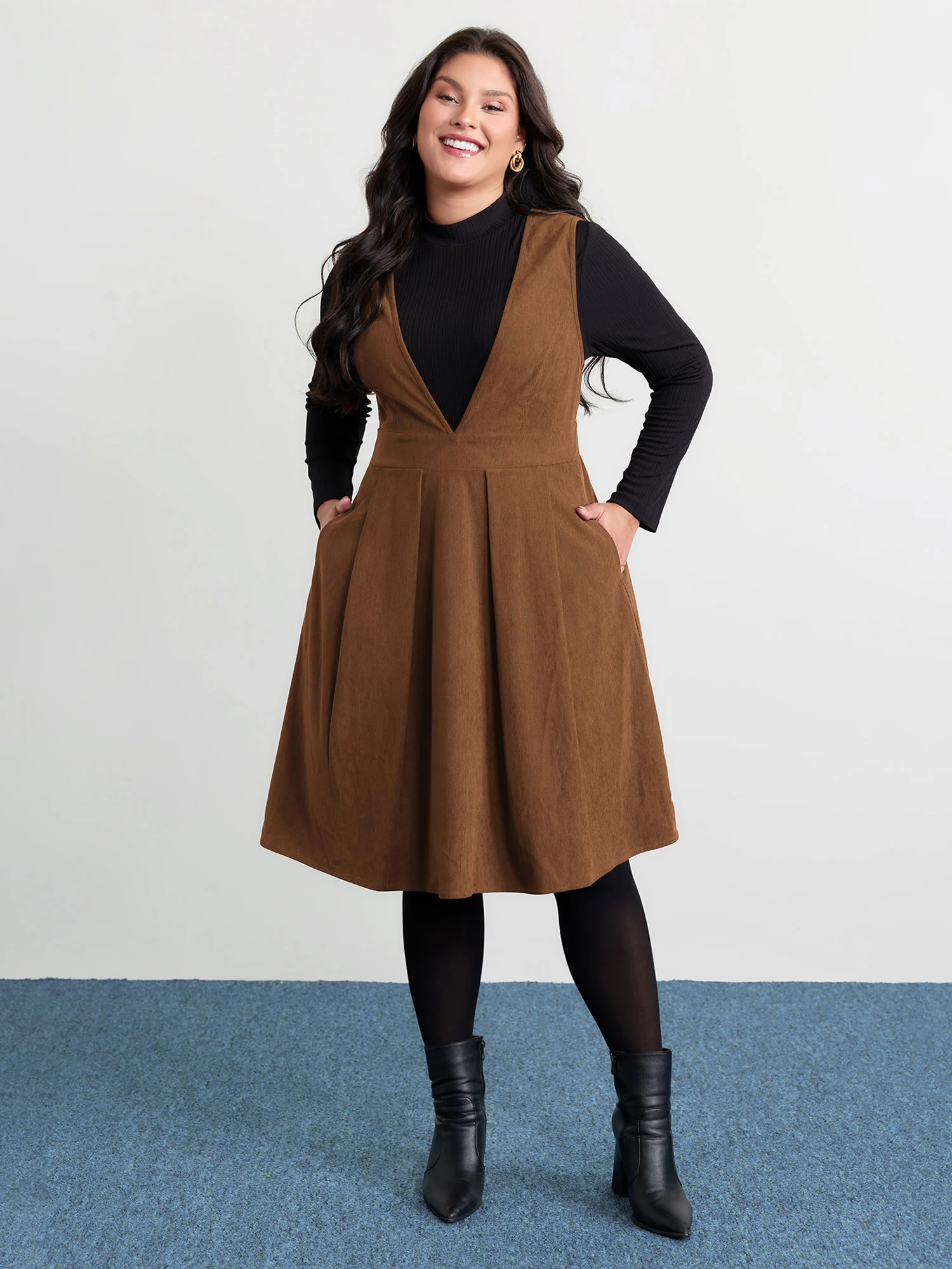 Corduroy Stretchy Waist V-Neck Mini Dress - Image 29