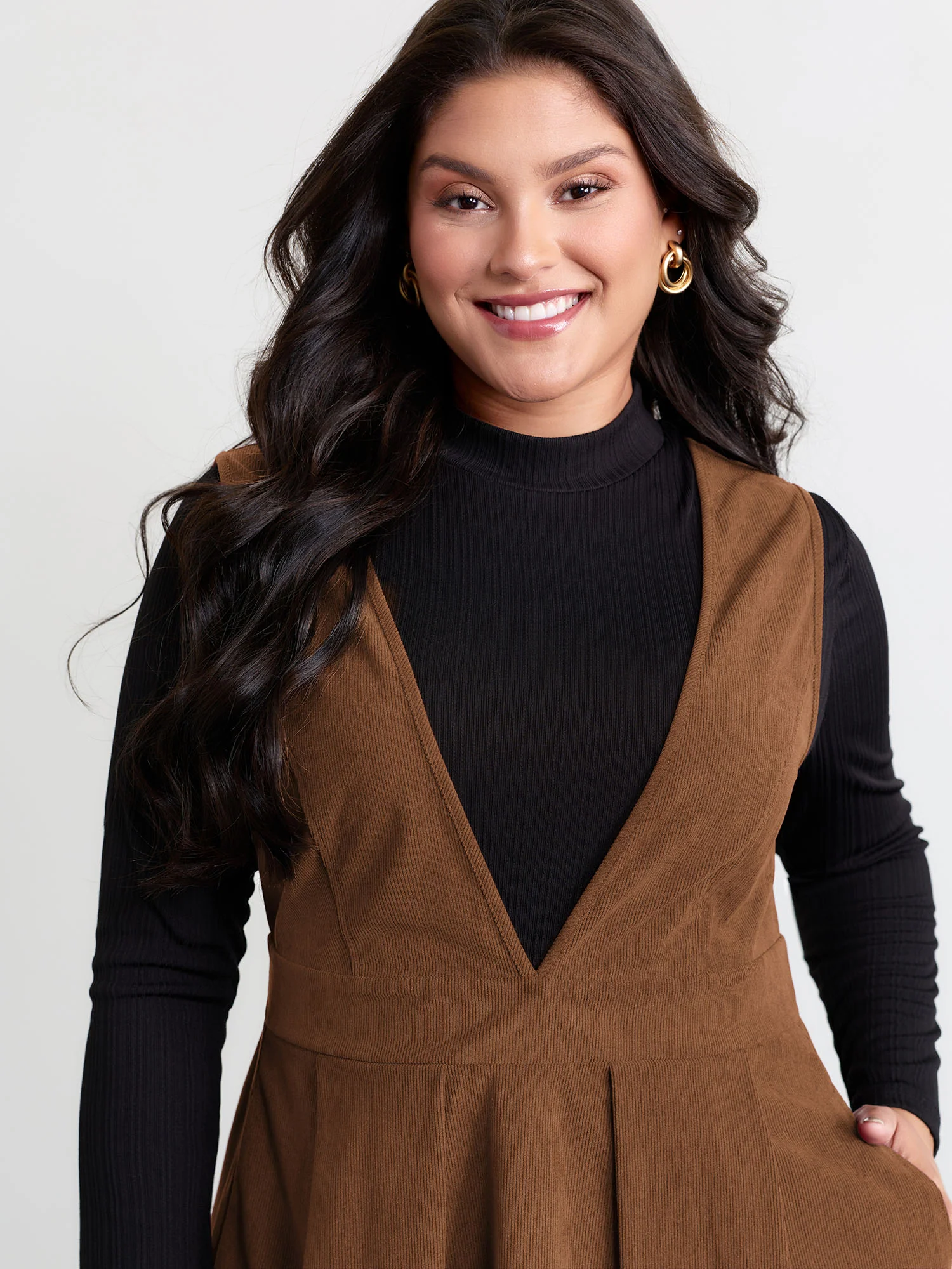 Corduroy Stretchy Waist V-Neck Mini Dress - Image 30