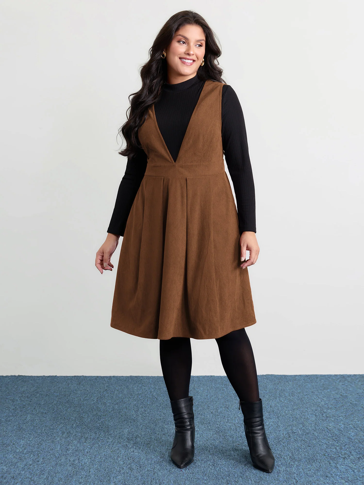 Corduroy Stretchy Waist V-Neck Mini Dress - Image 31