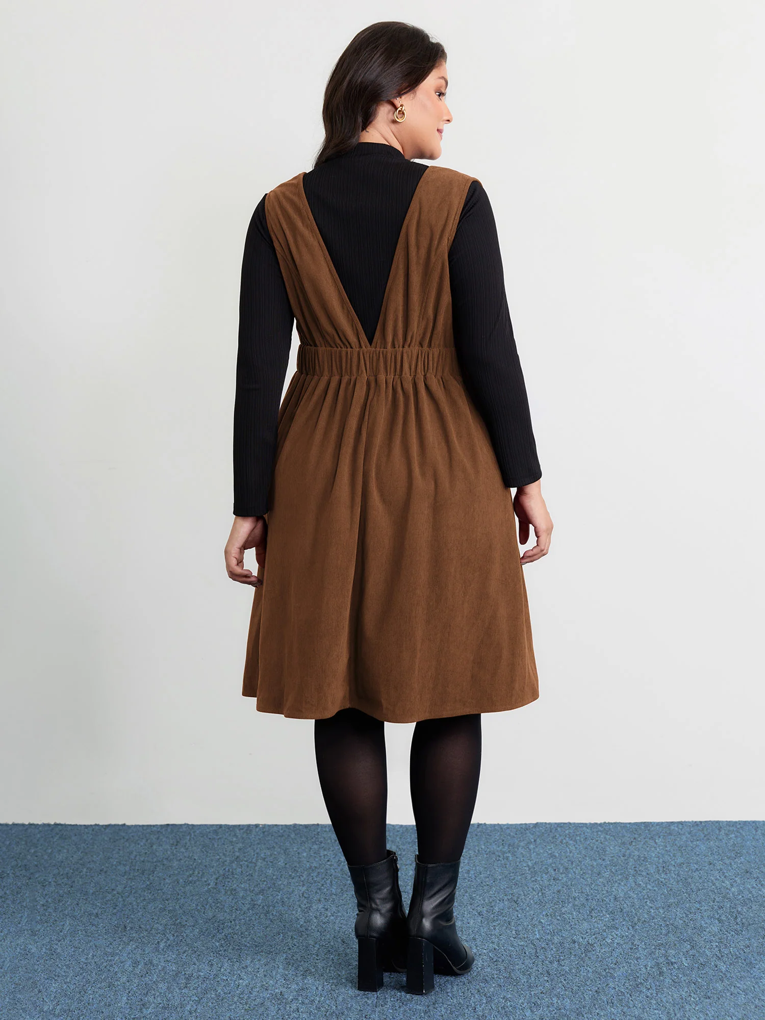 Corduroy Stretchy Waist V-Neck Mini Dress - Image 33