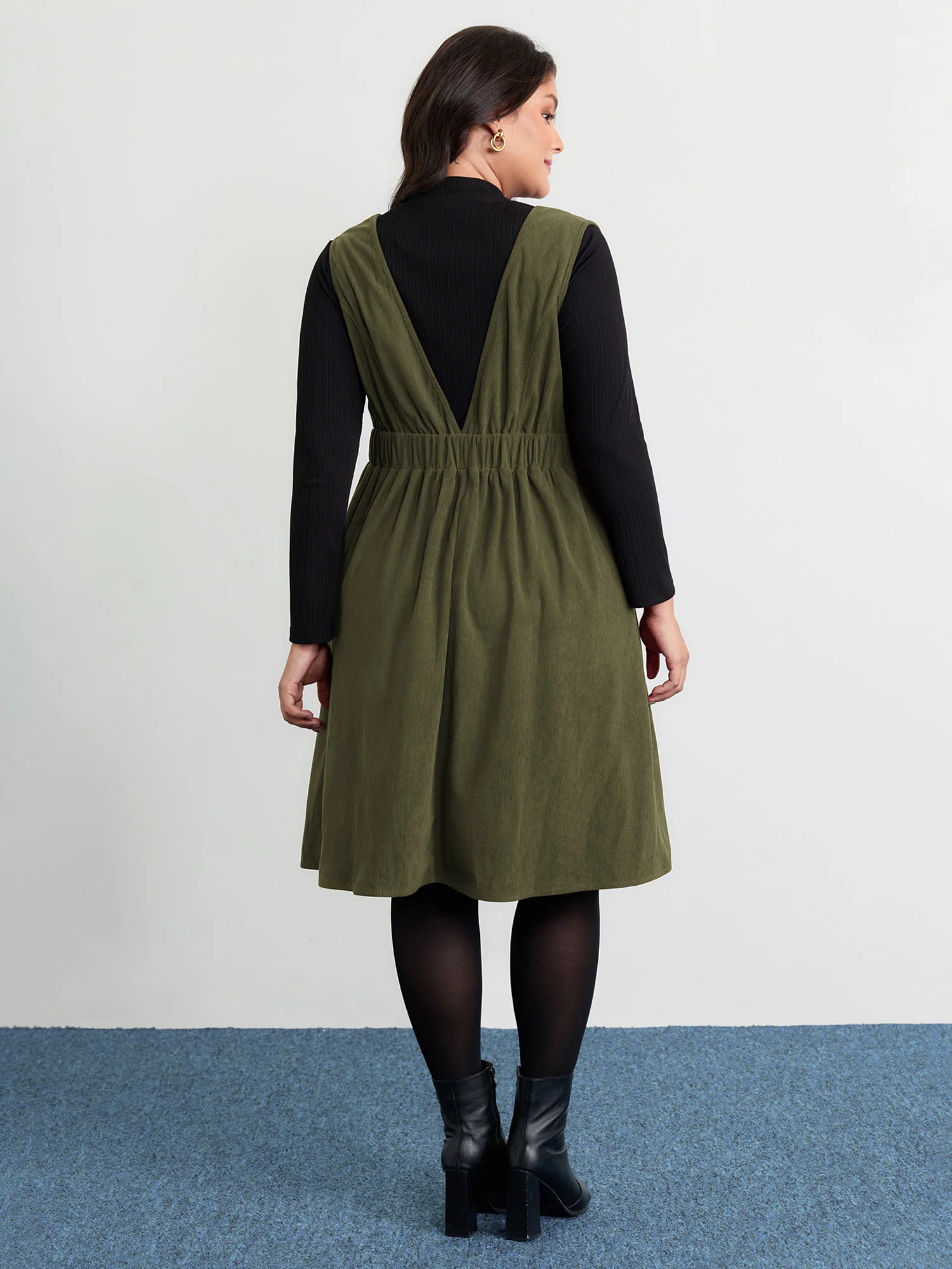 Corduroy Stretchy Waist V-Neck Mini Dress - Image 5
