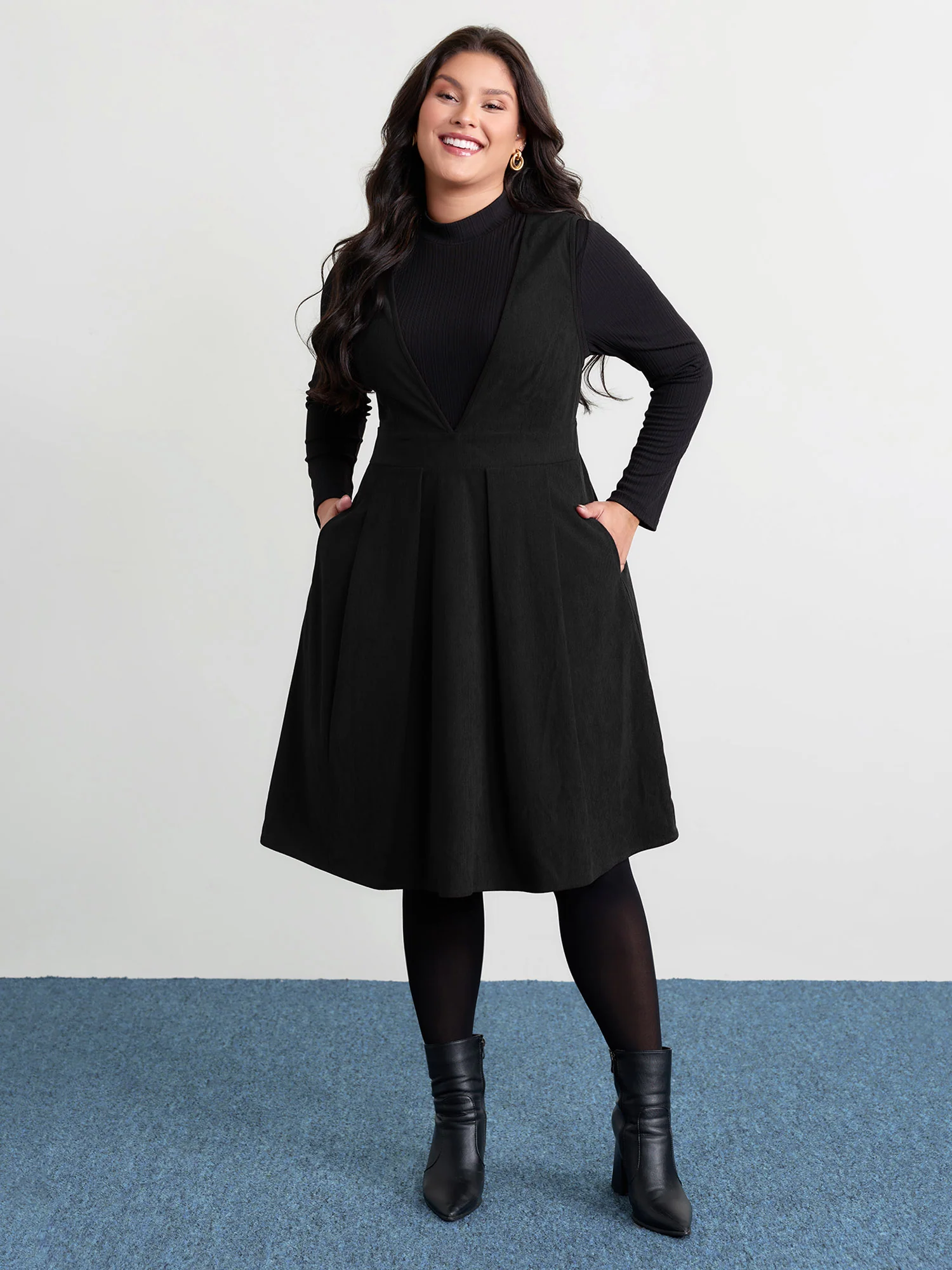 Corduroy Stretchy Waist V-Neck Mini Dress - Image 6