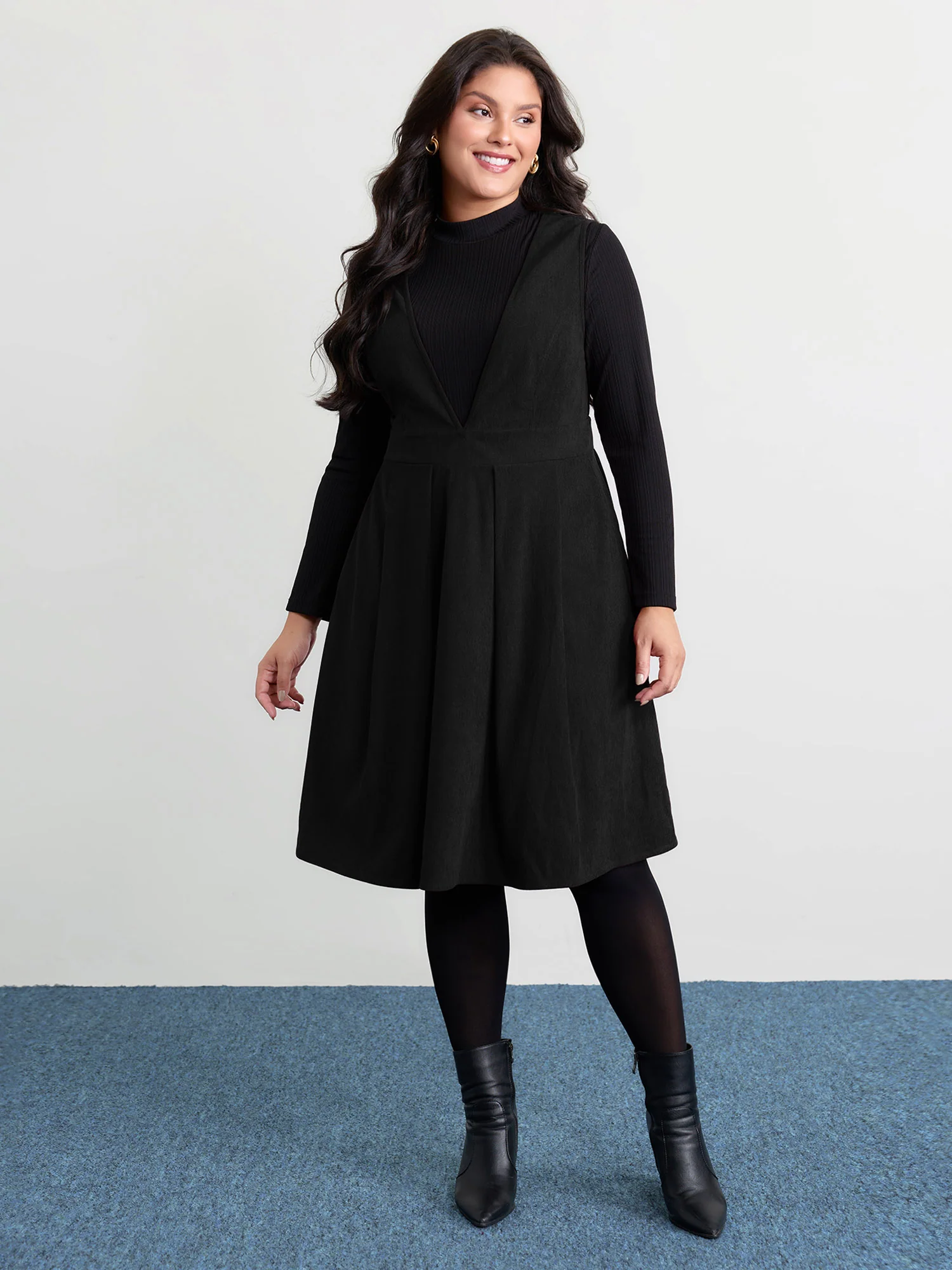Corduroy Stretchy Waist V-Neck Mini Dress - Image 8